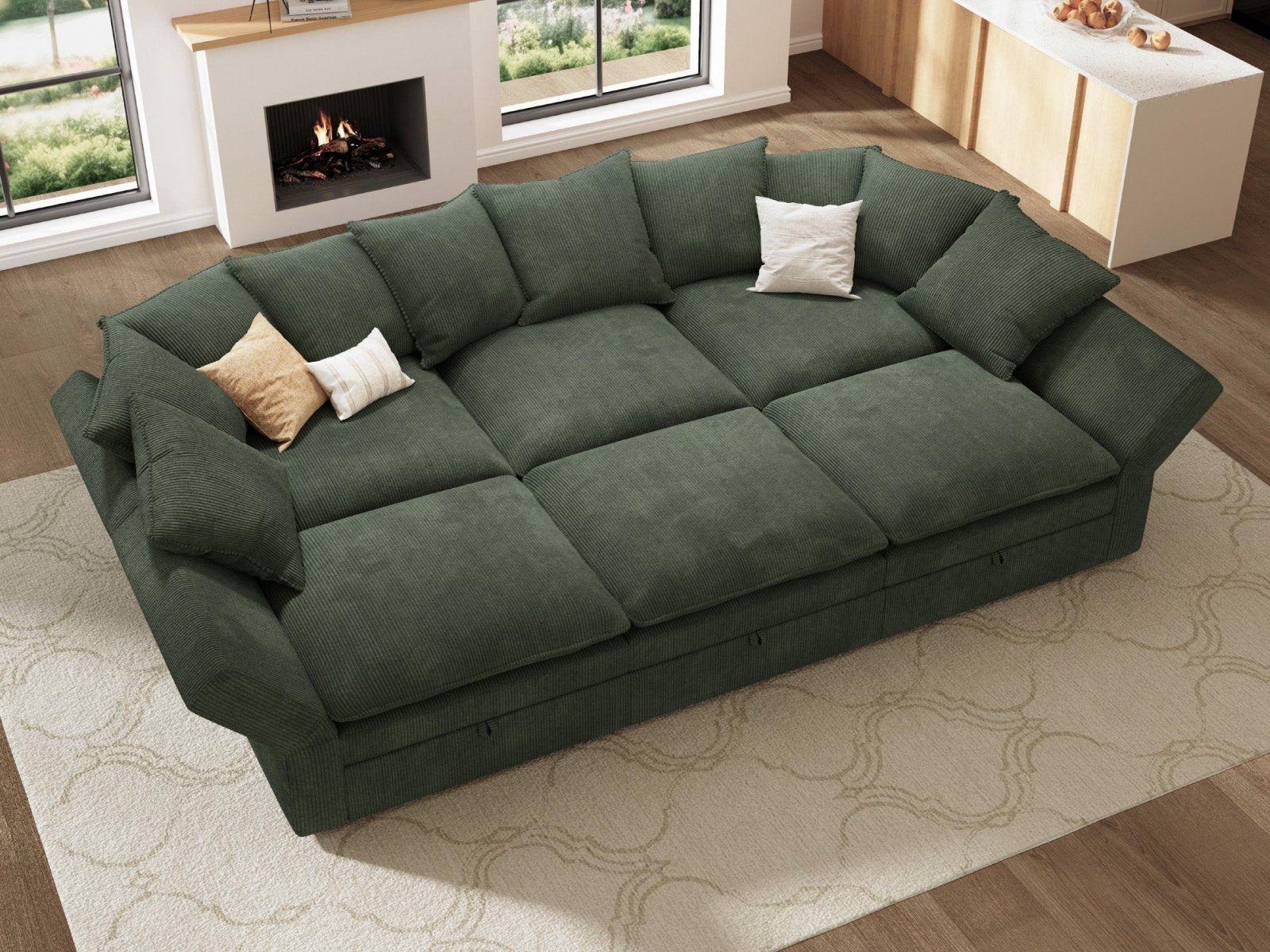 HONBAY 6-Piece Plush double-layer Cushion Corduroy Modular Sleeper Sectional Cloud Sofa
#Color_Corduroy Green