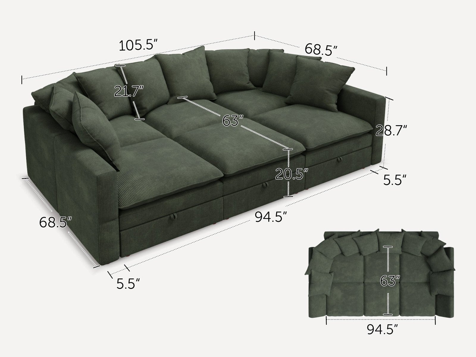 HONBAY 6-Piece Plush double-layer Cushion Corduroy Modular Sleeper Sectional Cloud Sofa
#Color_Corduroy Green