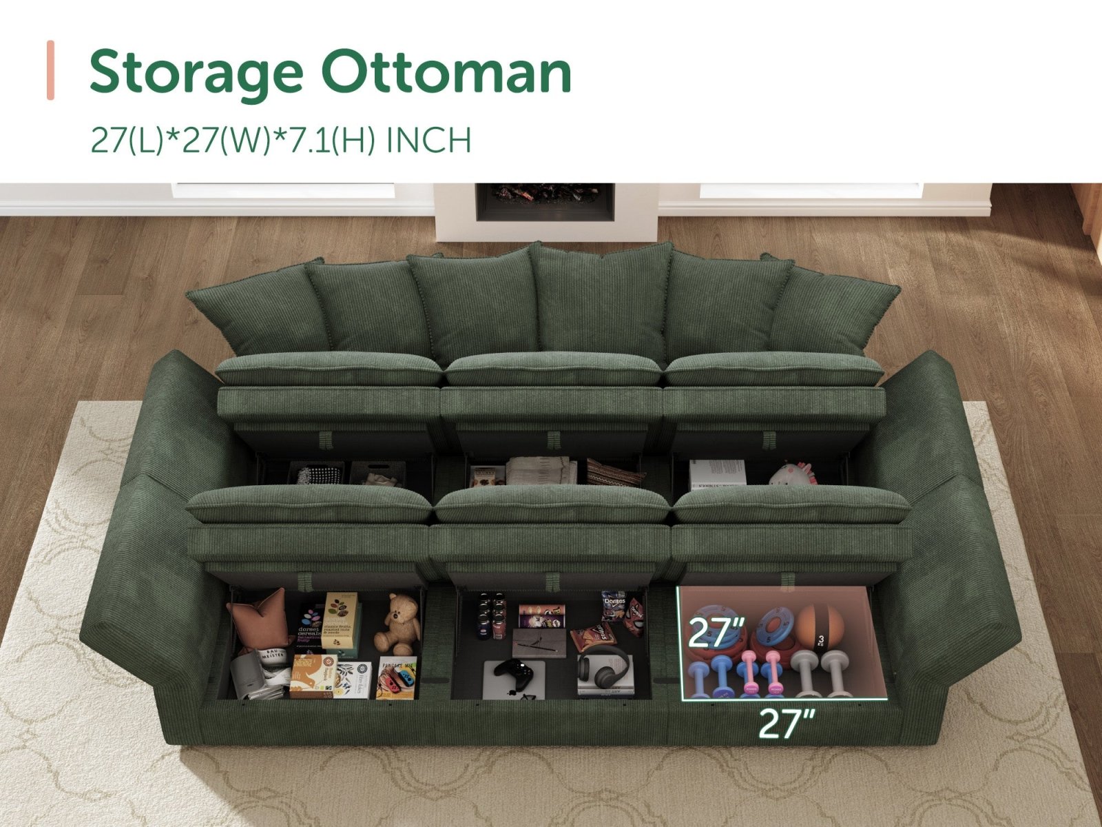 HONBAY 6-Piece Plush double-layer Cushion Corduroy Modular Sleeper Sectional Cloud Sofa
#Color_Corduroy Green