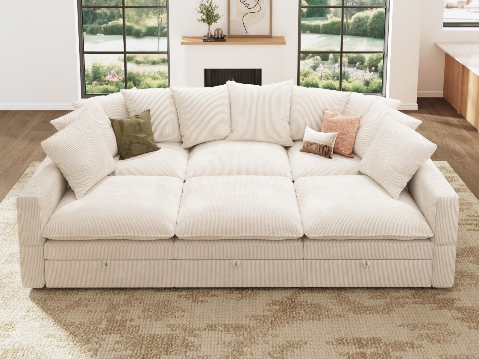 HONBAY 6-Piece Plush double-layer Cushion Corduroy Modular Sleeper Sectional Cloud Sofa
#Color_Corduroy Beige