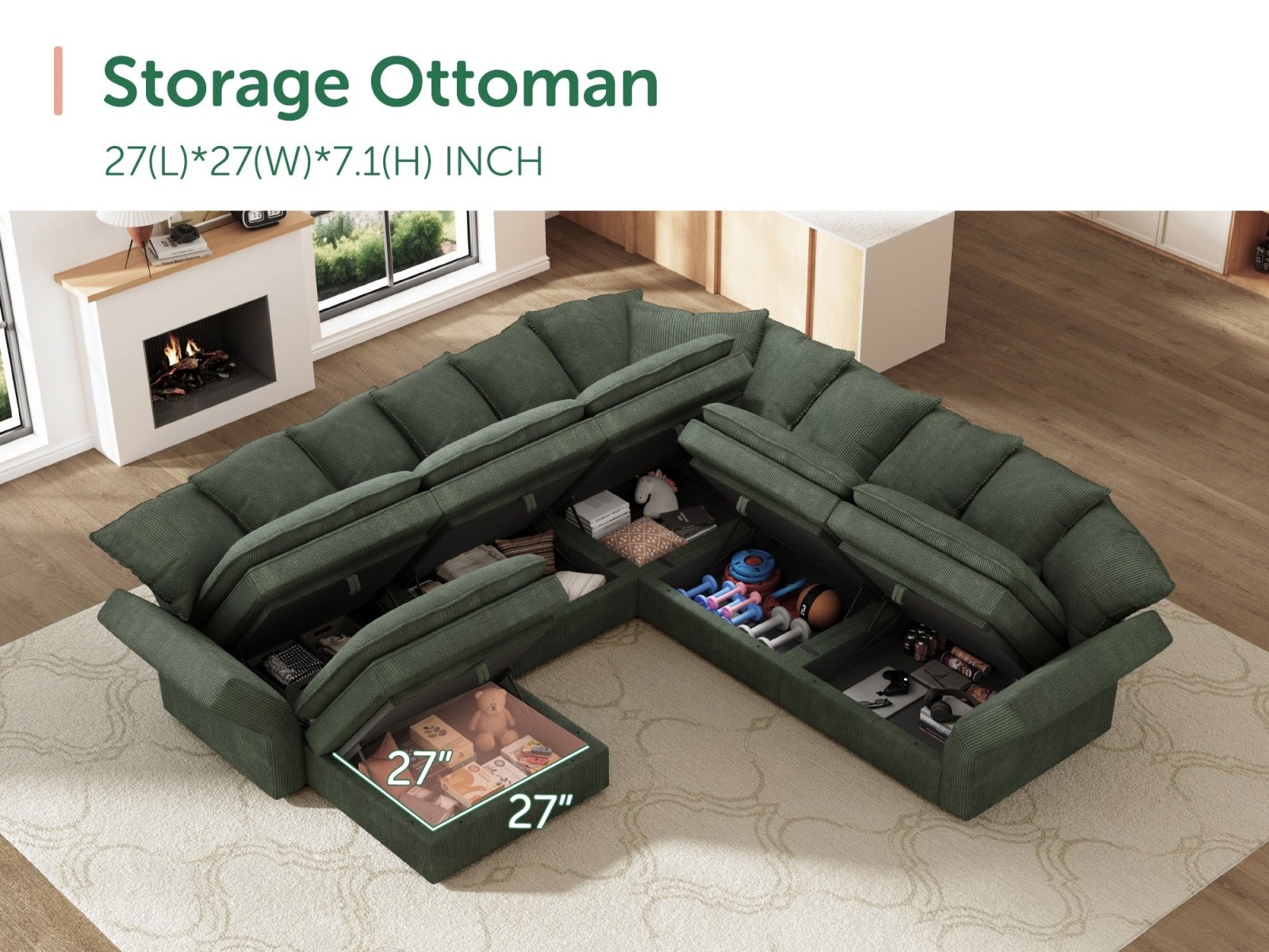 HONBAY 6-Piece Plush double-layer Cushion Corduroy Modular U-Shaped Sectional Cloud Sofa
#Color_Corduroy Green