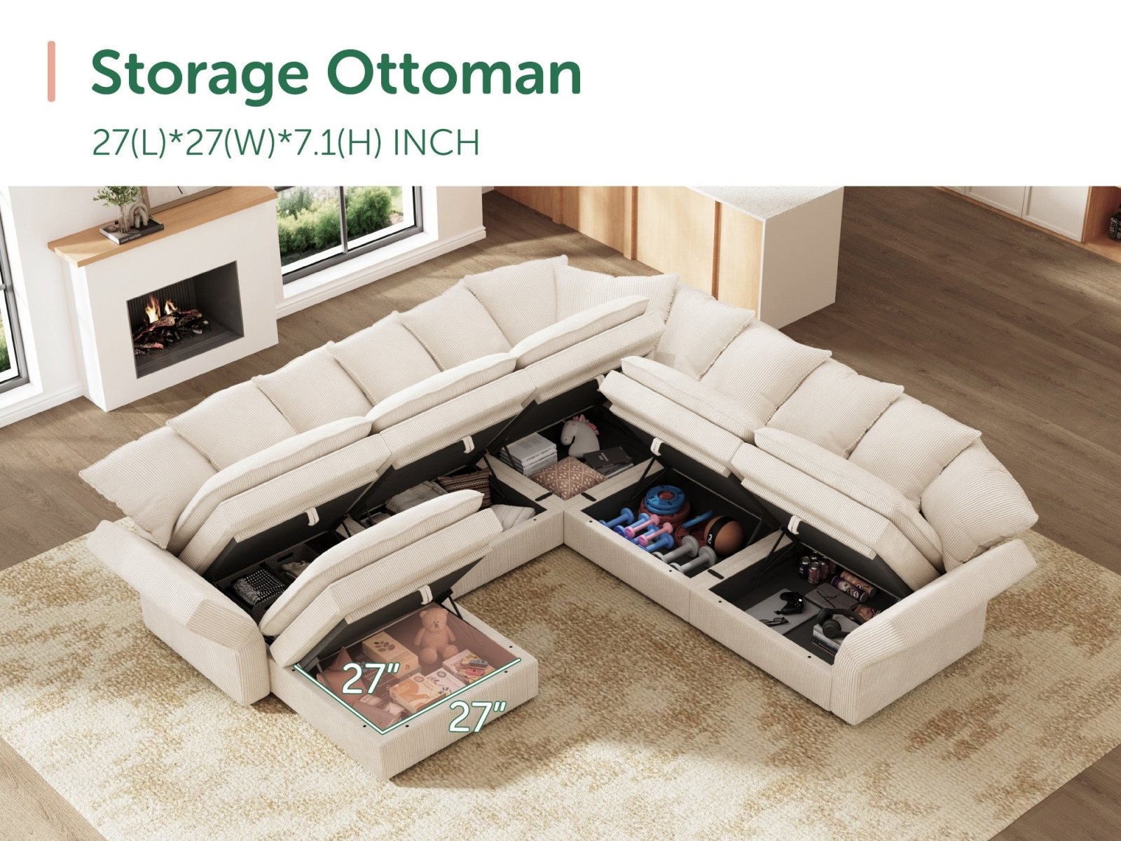 HONBAY 6-Piece Plush double-layer Cushion Corduroy Modular U-Shaped Sectional Cloud Sofa
#Color_Corduroy Beige