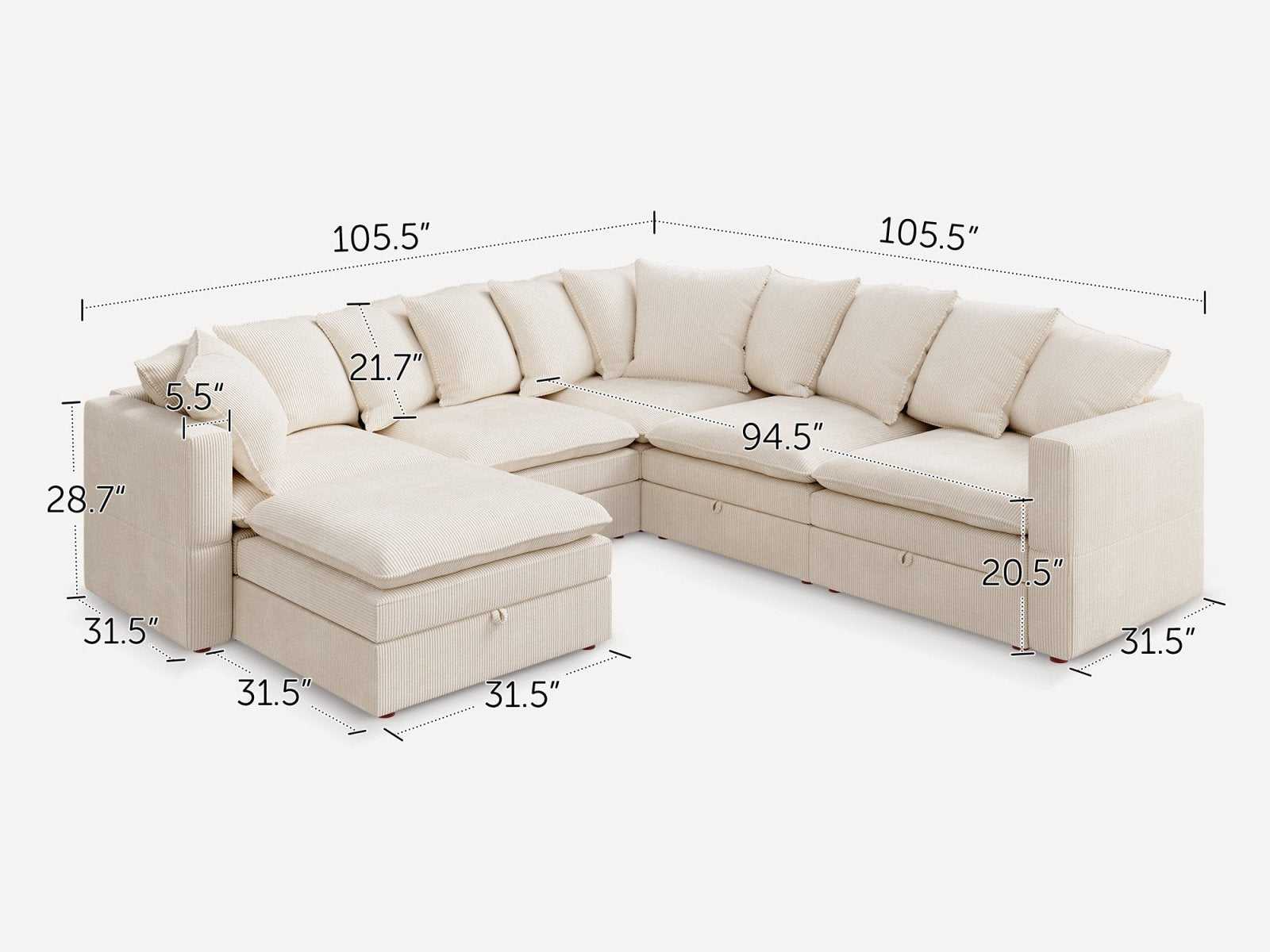 HONBAY 6-Piece Plush double-layer Cushion Corduroy Modular U-Shaped Sectional Cloud Sofa
#Color_Corduroy Beige