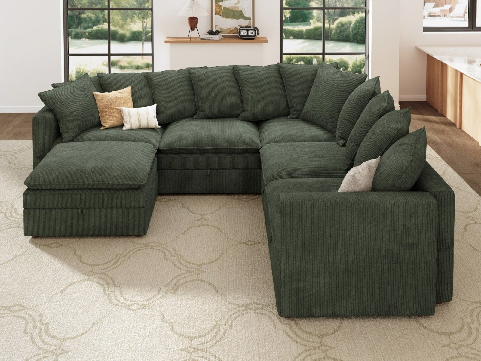 HONBAY 6-Piece Plush double-layer Cushion Corduroy Modular U-Shaped Sectional Cloud Sofa
#Color_Corduroy Green