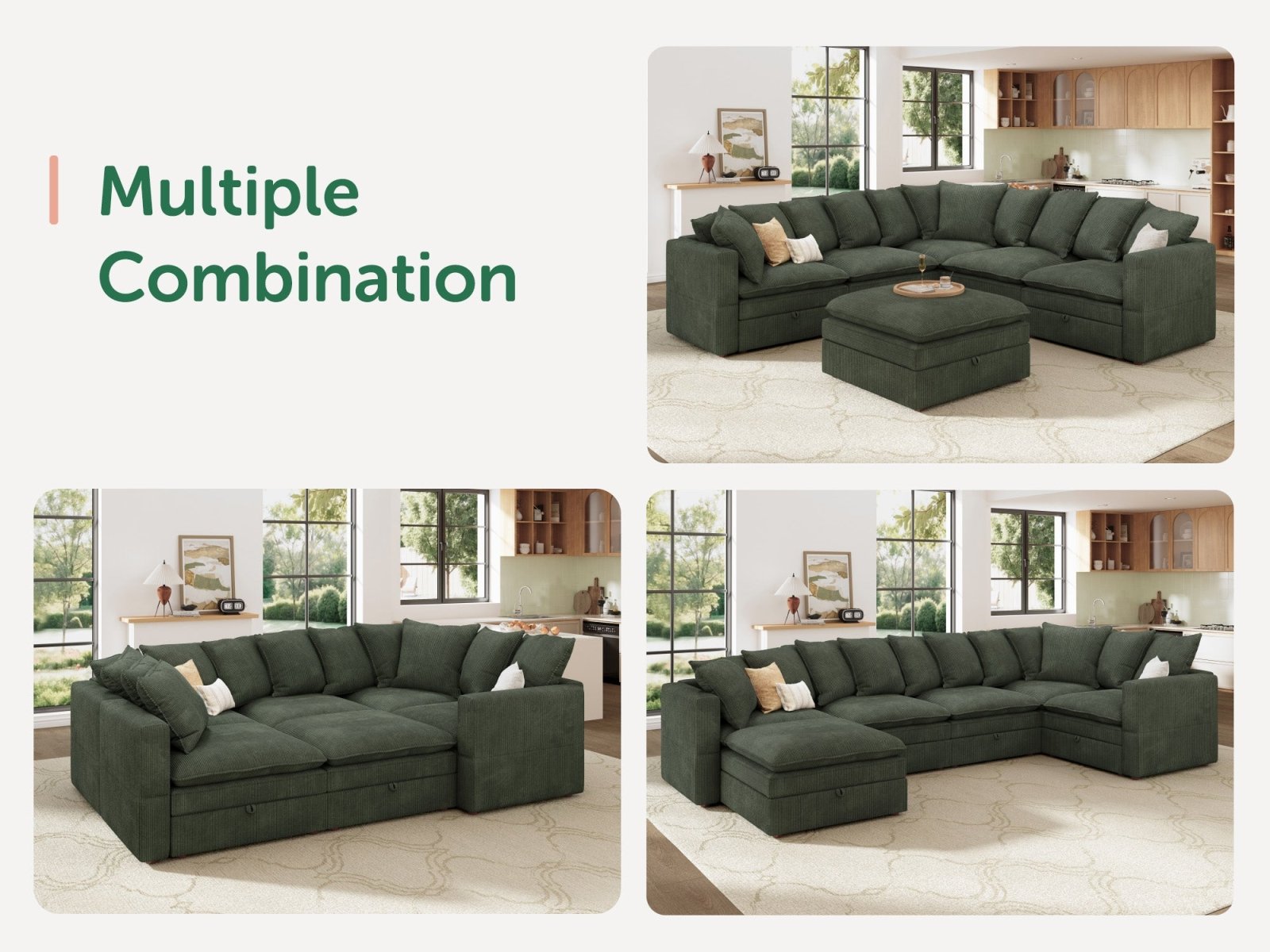 HONBAY 6-Piece Plush double-layer Cushion Corduroy Modular U-Shaped Sectional Cloud Sofa
#Color_Corduroy Green