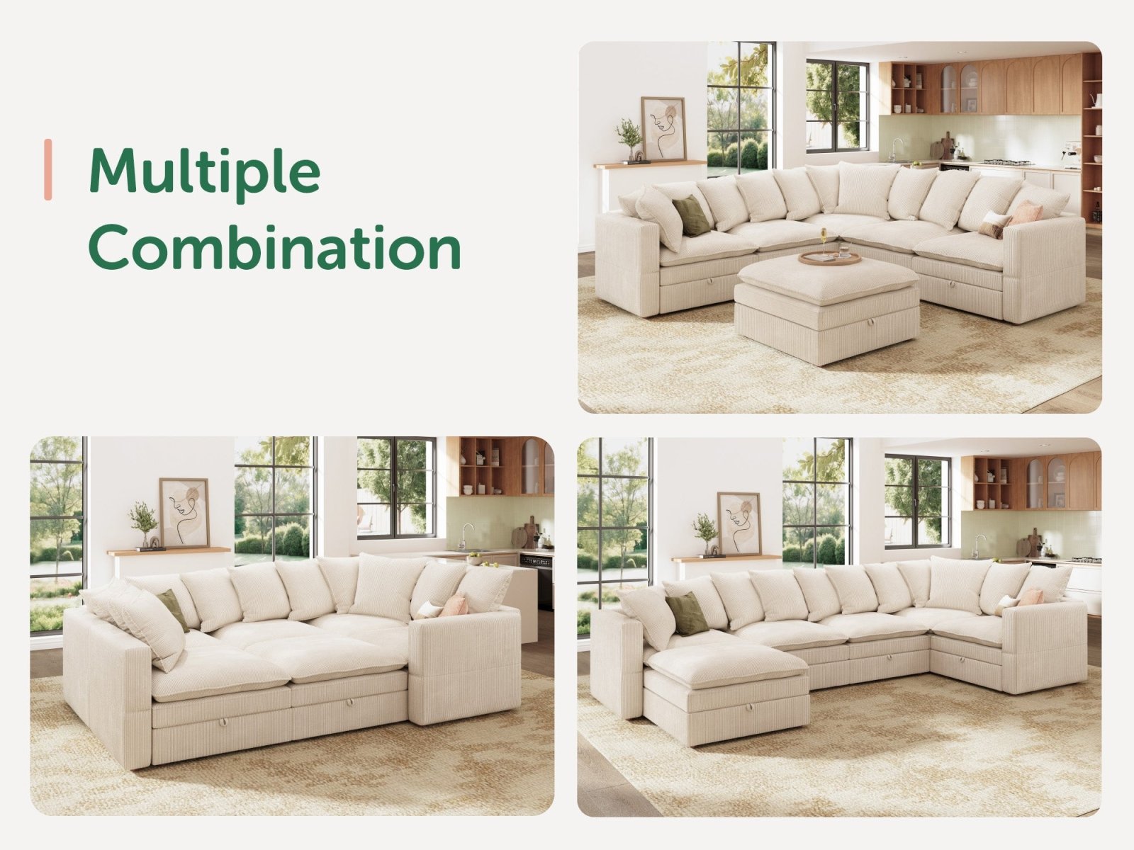 HONBAY 6-Piece Plush double-layer Cushion Corduroy Modular U-Shaped Sectional Cloud Sofa
#Color_Corduroy Beige
