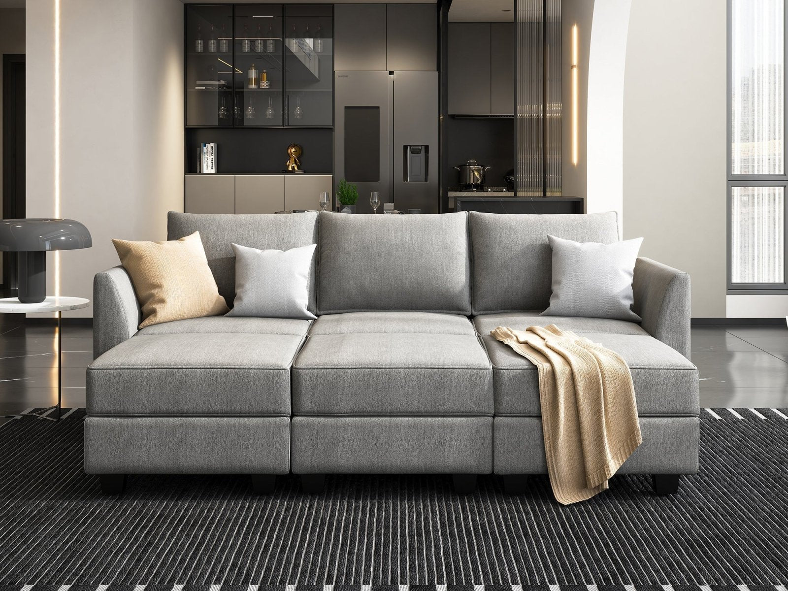 HONBAY 3-Seat Modular Sofa with Storage & Convertible Sofa Bed #Color_Grey