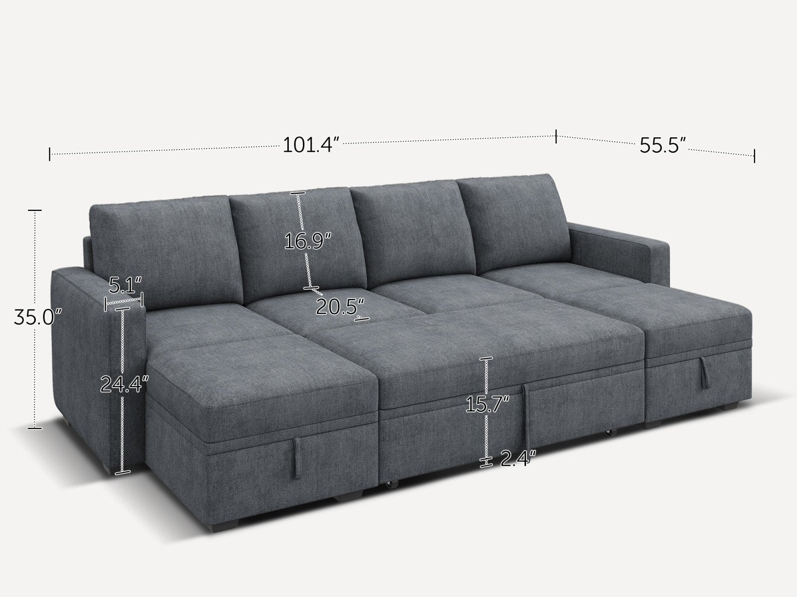 6-Piece Polyester Modular Sleeper Sectional With Storage Space With Dimensions #Color_Bluish Grey