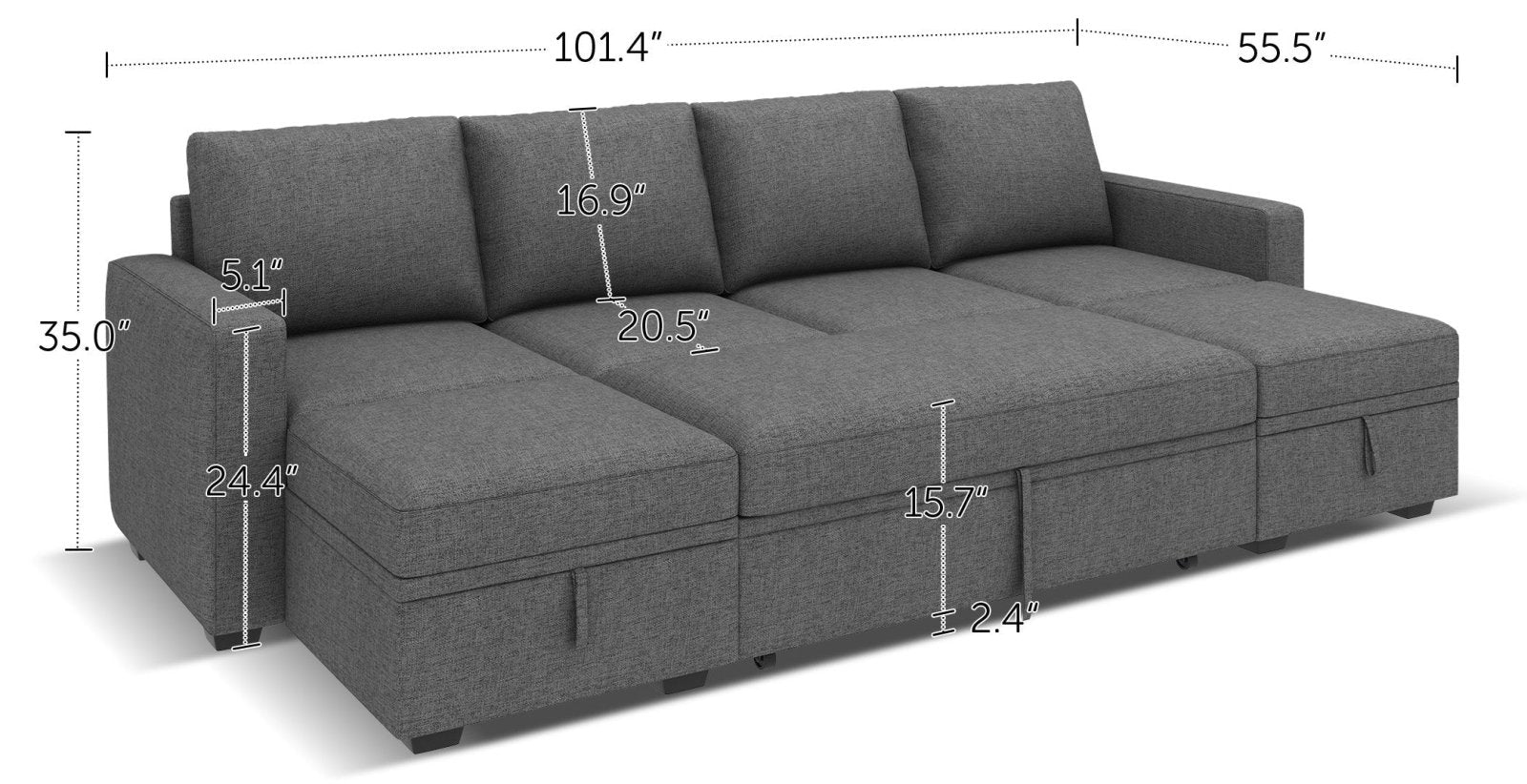 6-Piece Polyester Modular Sleeper Sectional With Storage Space With Dimensions #Color_Dark Grey