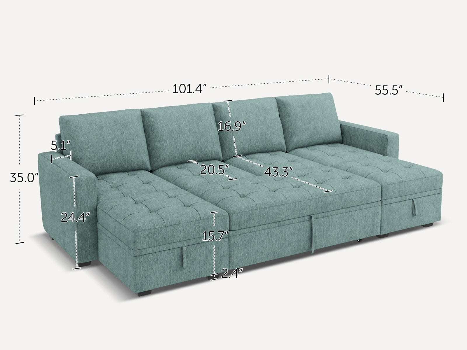 HONBAY Sleep Modular Sofa 6-Seat Sofa Bed with 4-Storage Space #Color_Aqua Blue