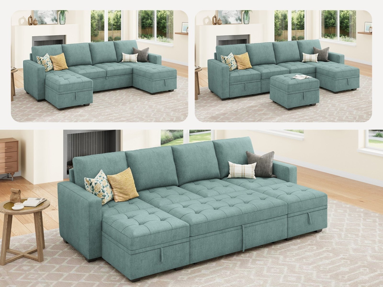 HONBAY Sleep Modular Sofa 6-Seat Sofa Bed with 4-Storage Space #Color_Aqua Blue