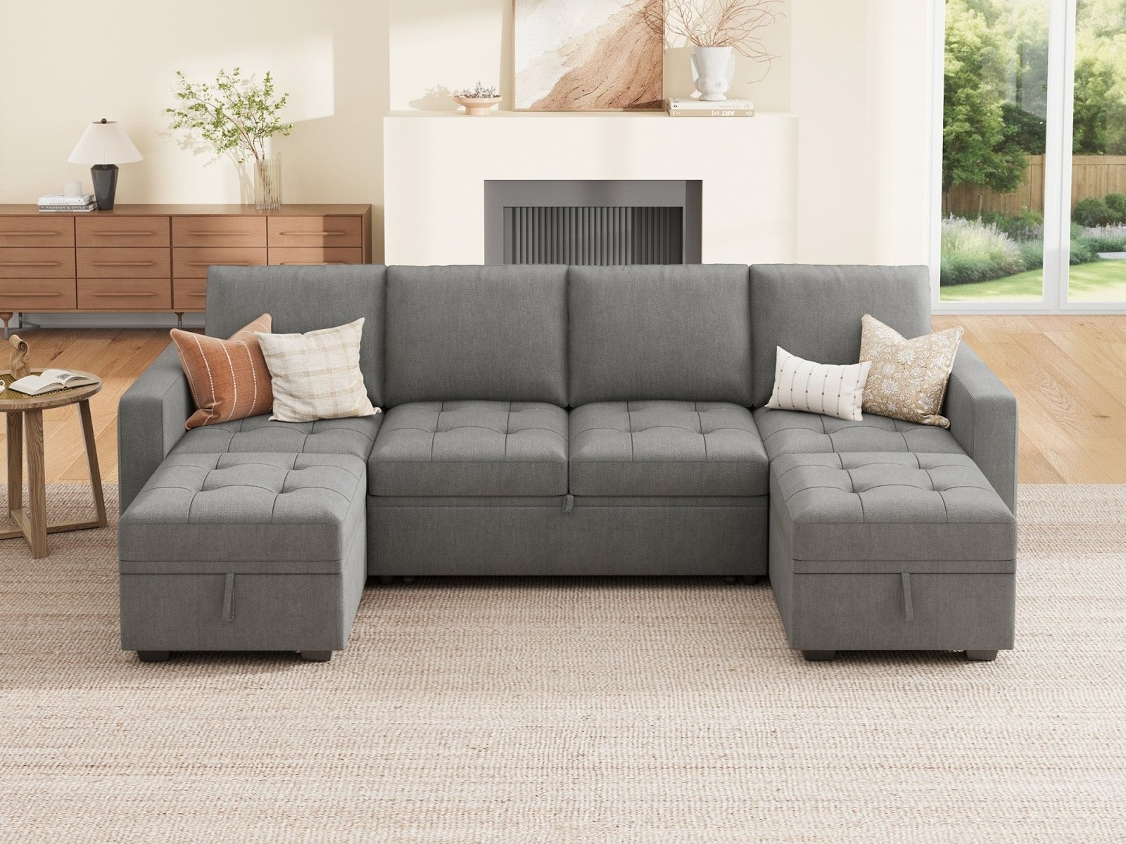 HONBAY Sleep Modular Sofa 6-Seat Sofa Bed with 4-Storage Space #Color_Warm Grey II
