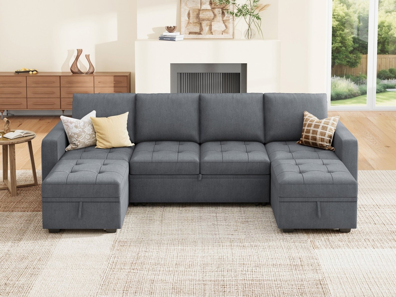 HONBAY Sleep Modular Sofa 6-Seat Sofa Bed with 4-Storage Space #Color_Bluish Grey II