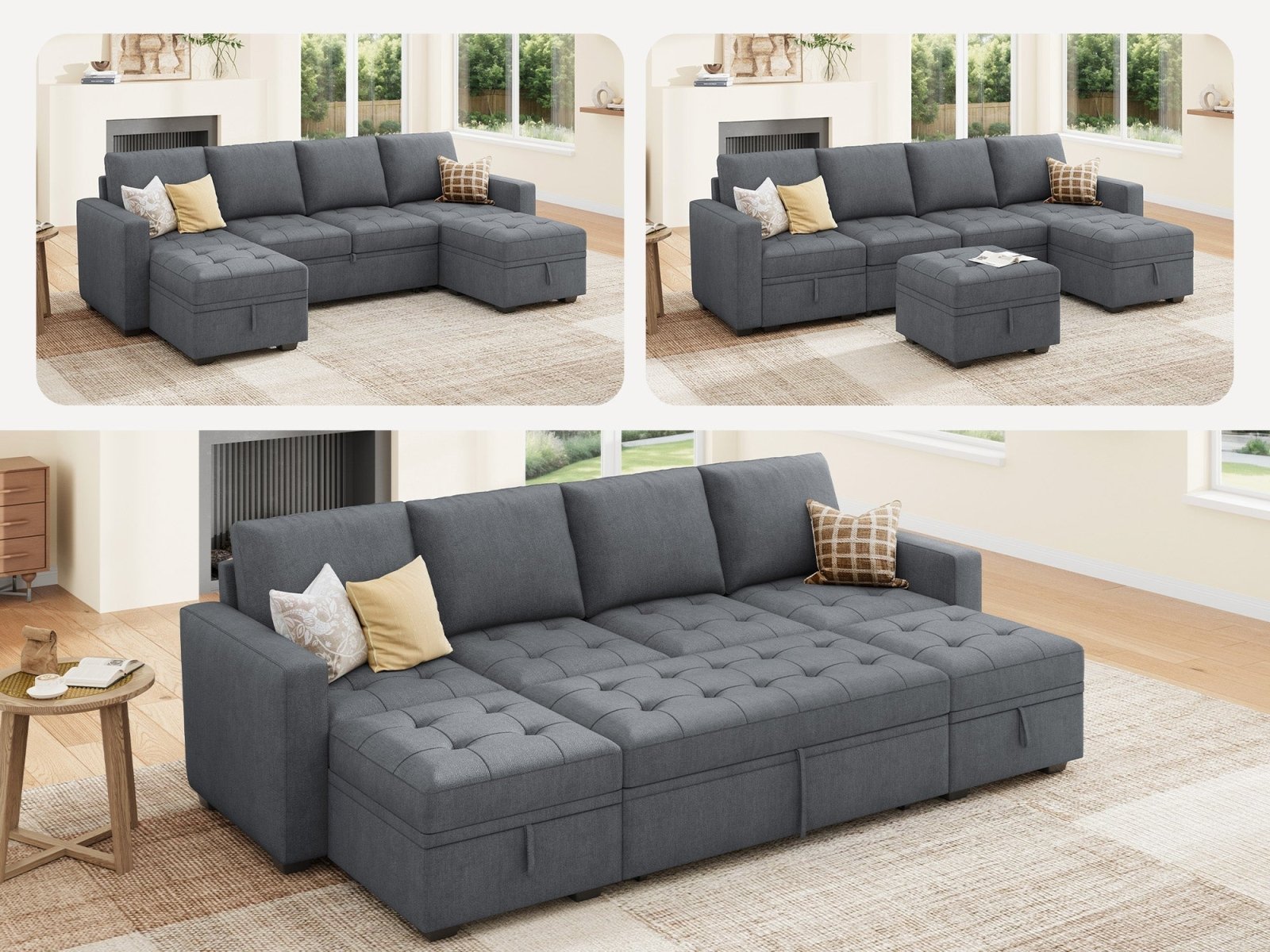 HONBAY Sleep Modular Sofa 6-Seat Sofa Bed with 4-Storage Space #Color_Bluish Grey II