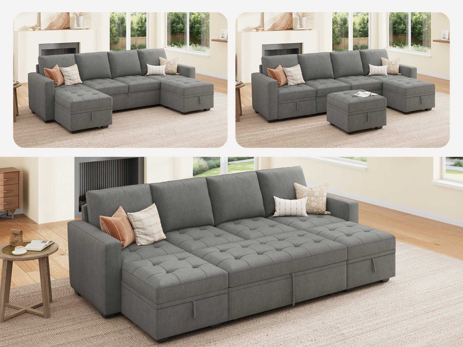 HONBAY Sleep Modular Sofa 6-Seat Sofa Bed with 4-Storage Space #Color_Warm Grey II