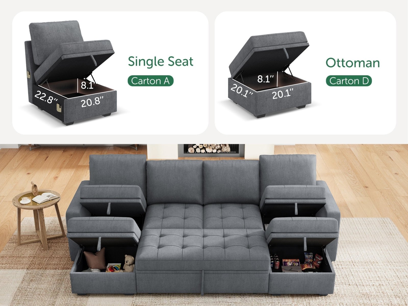 HONBAY Sleep Modular Sofa 6-Seat Sofa Bed with 4-Storage Space #Color_Bluish Grey II