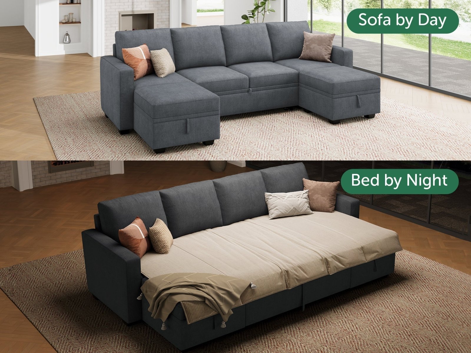 HONBAY Sleep Modular Sofa 6-Seat Sofa Bed with 4-Storage Space #Color_Bluish Grey