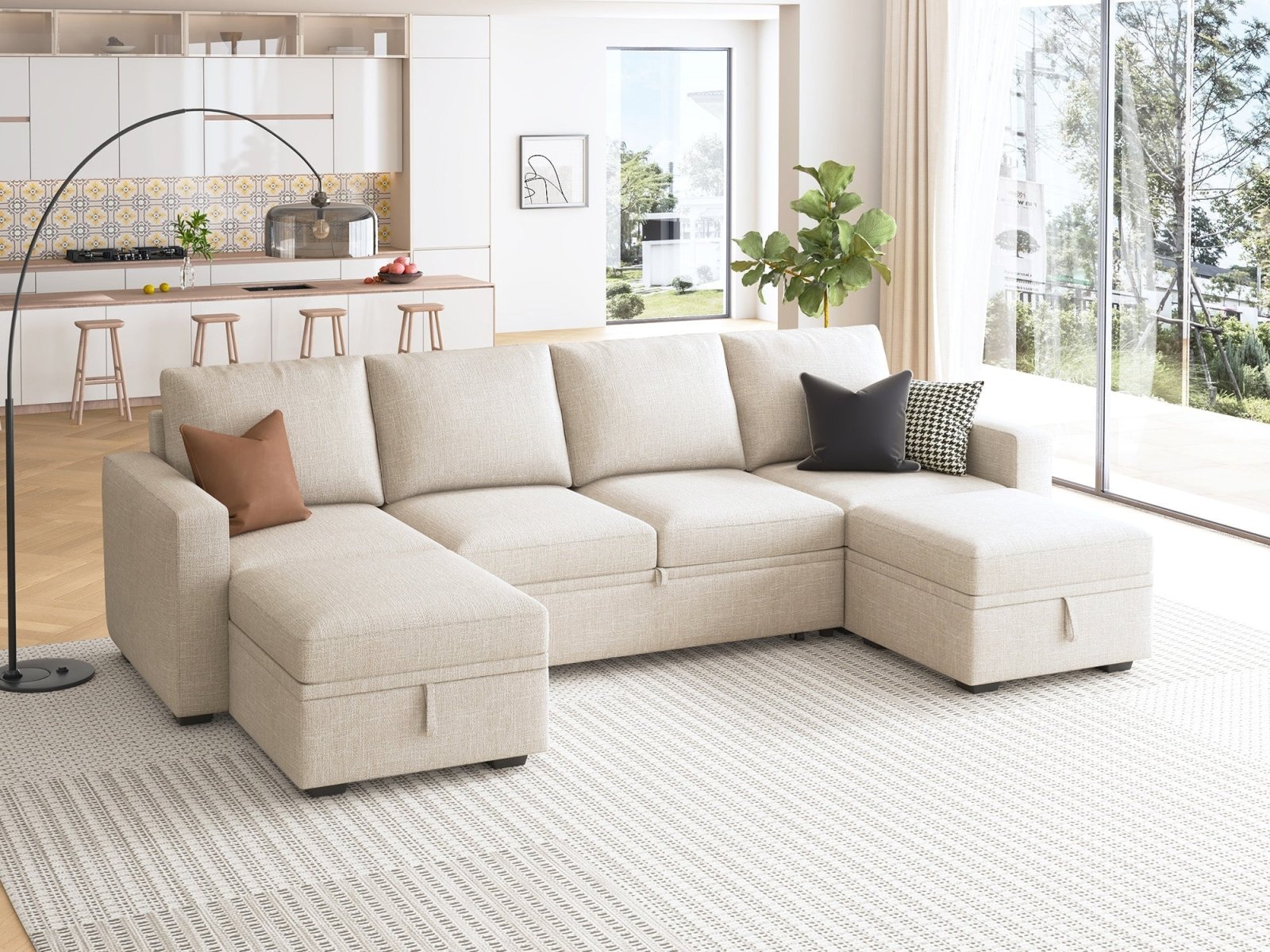 HONBAY Sleep Modular Sofa 6-Seat Sofa Bed with 4-Storage Space #Color_Beige