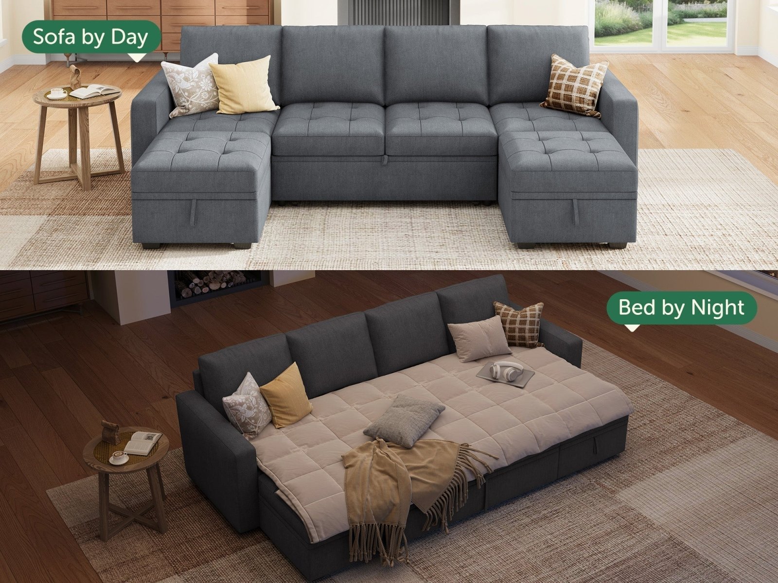 HONBAY Sleep Modular Sofa 6-Seat Sofa Bed with 4-Storage Space #Color_Bluish Grey II