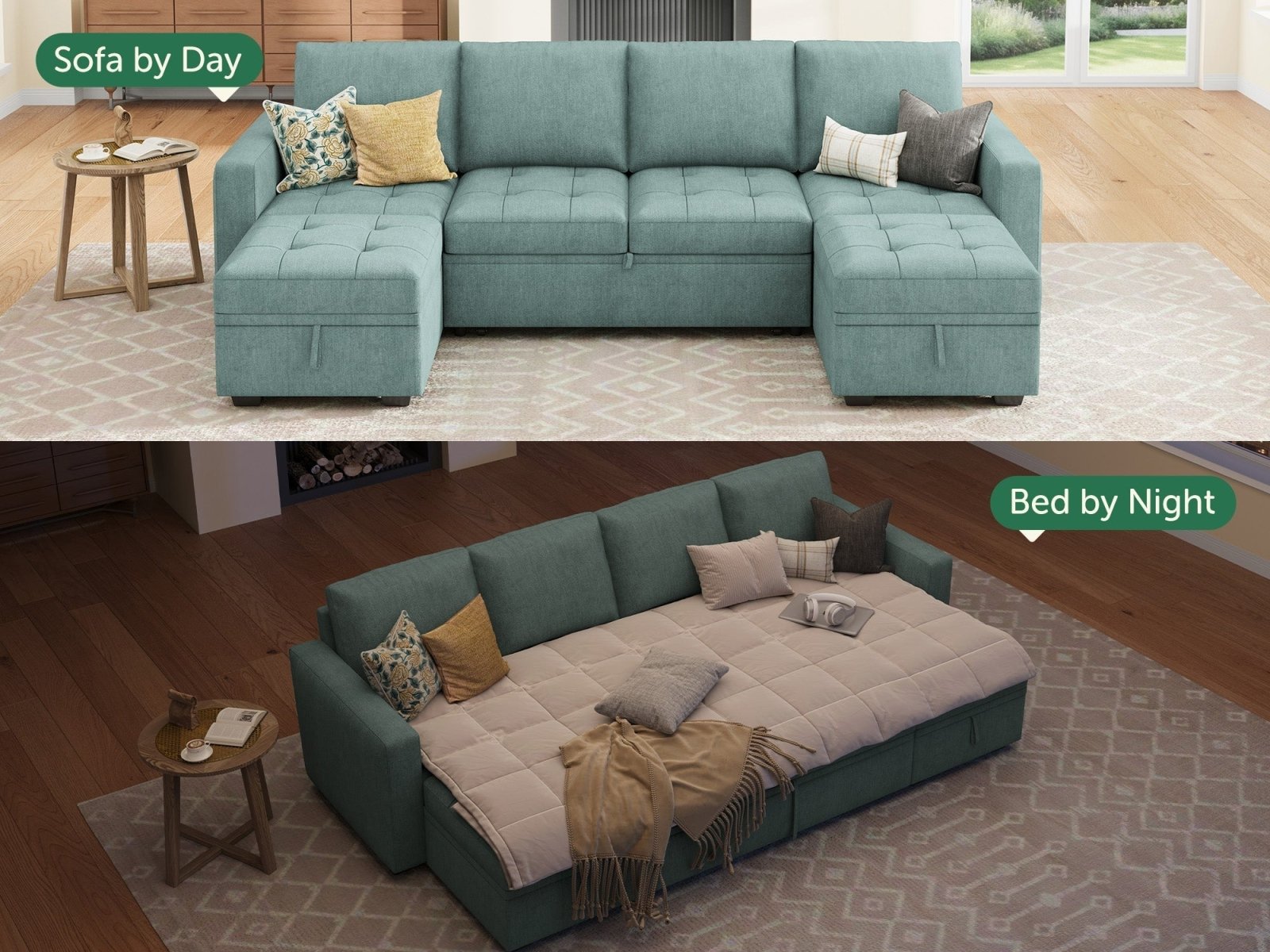 HONBAY Sleep Modular Sofa 6-Seat Sofa Bed with 4-Storage Space #Color_Aqua Blue