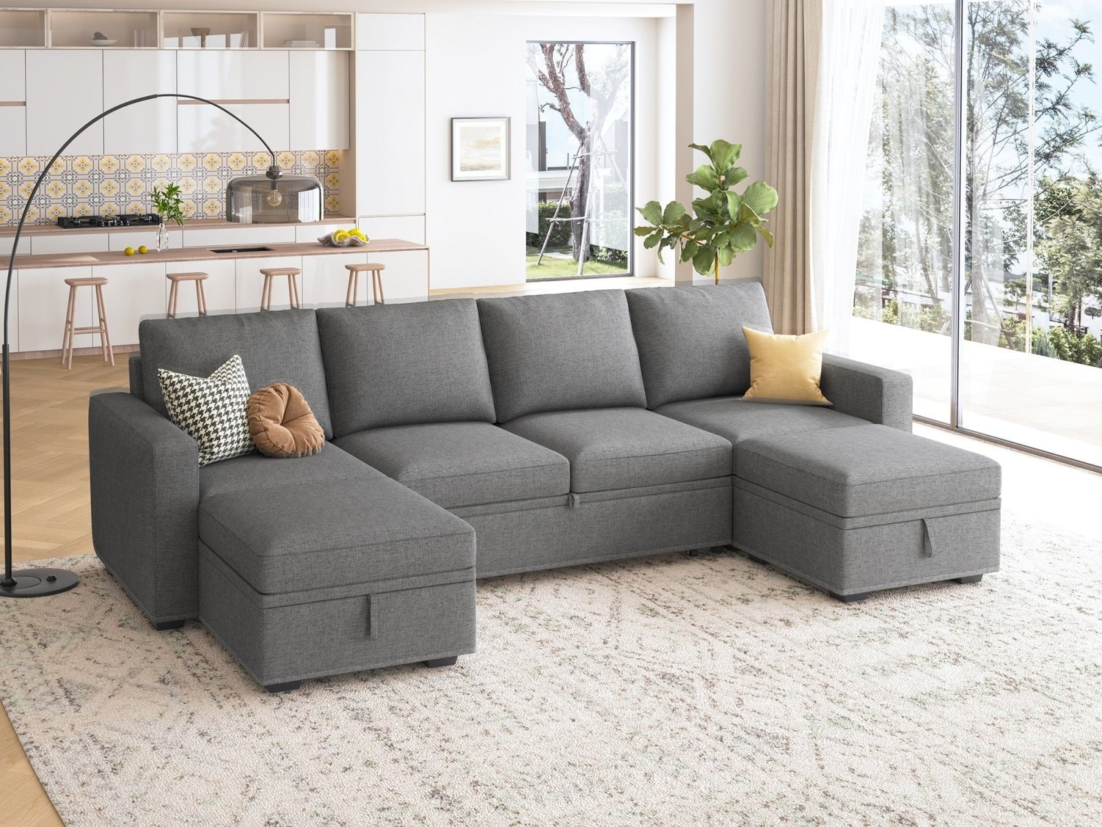 HONBAY Sleep Modular Sofa 6-Seat Sofa Bed with 4-Storage Space #Color_Dark Grey