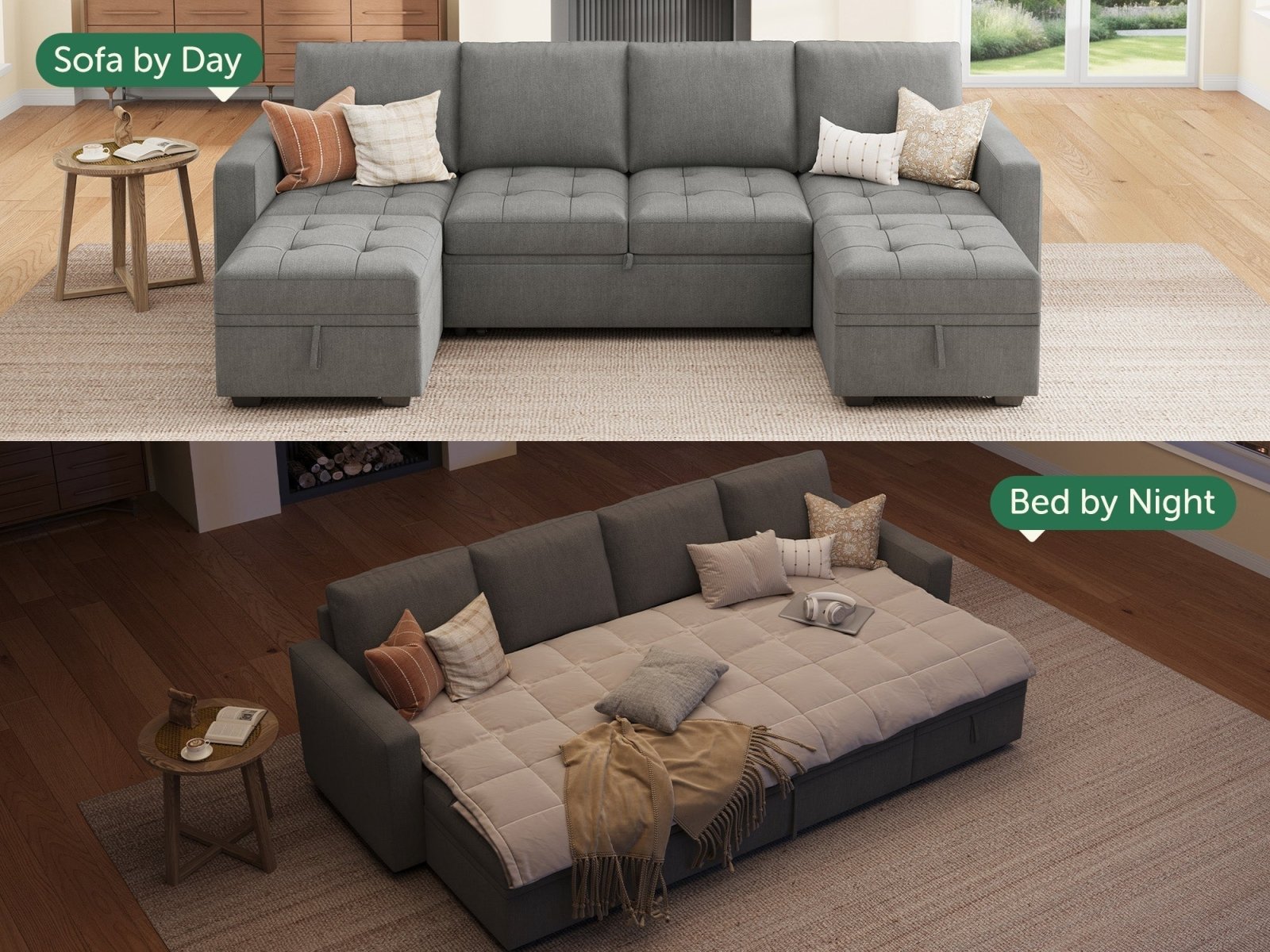 HONBAY Sleep Modular Sofa 6-Seat Sofa Bed with 4-Storage Space #Color_Warm Grey II