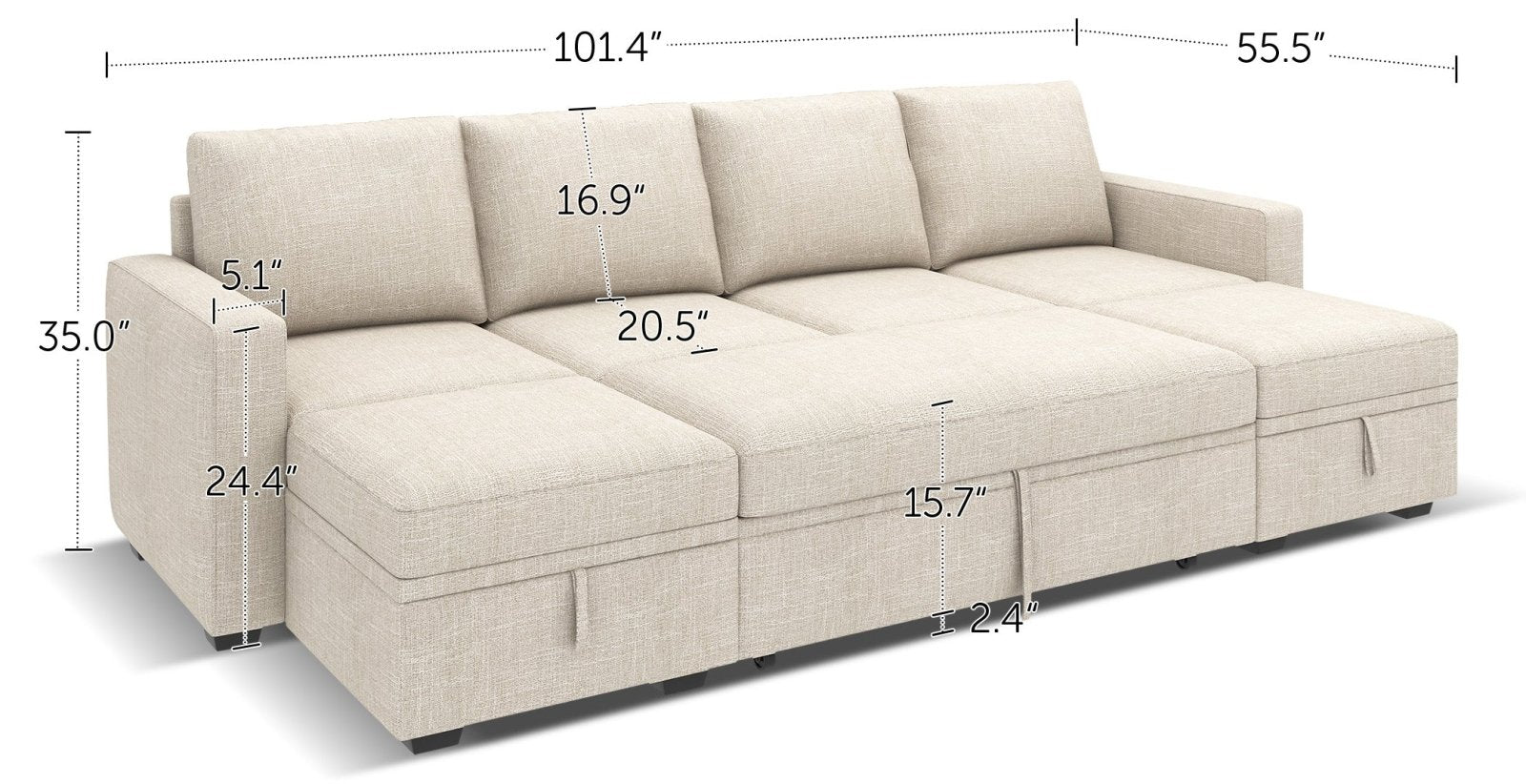 6-Piece Polyester Modular Sleeper Sectional With Storage Space With Dimensions #Color_Beige