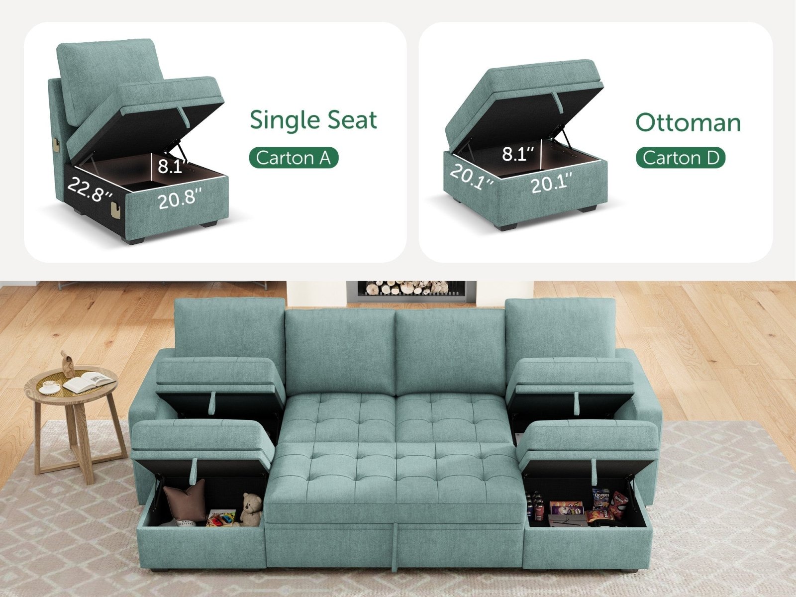 HONBAY Sleep Modular Sofa 6-Seat Sofa Bed with 4-Storage Space #Color_Aqua Blue