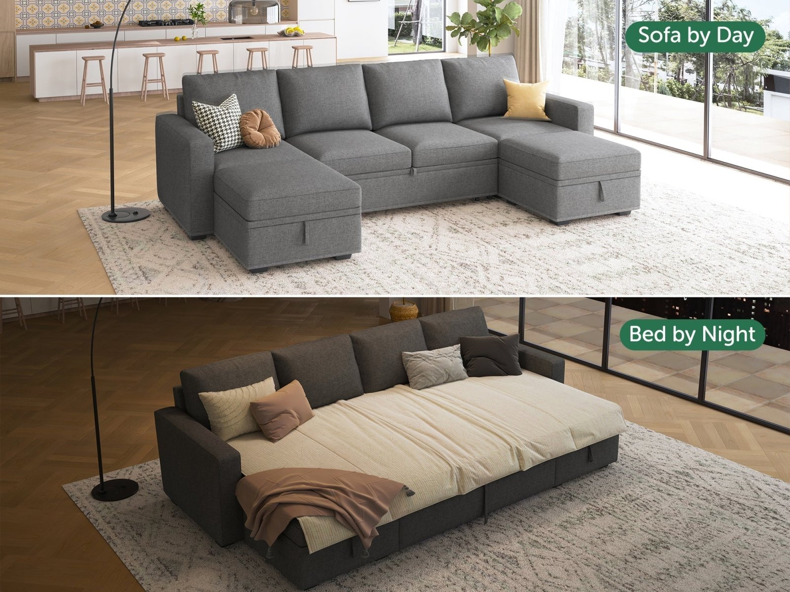HONBAY Sleep Modular Sofa 6-Seat Sofa Bed with 4-Storage Space #Color_Dark Grey