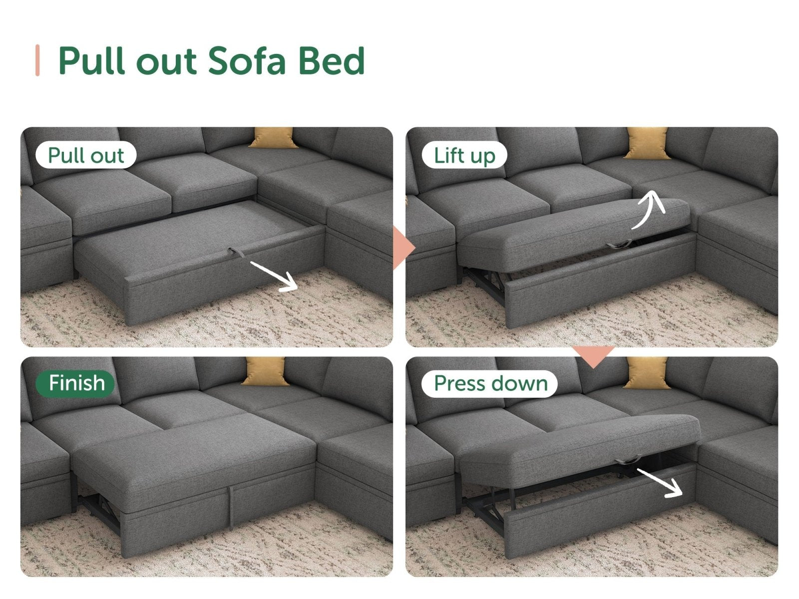 HONBAY Sleep Modular Sofa 6-Seat Sofa Bed with 4-Storage Space #Color_Dark Grey