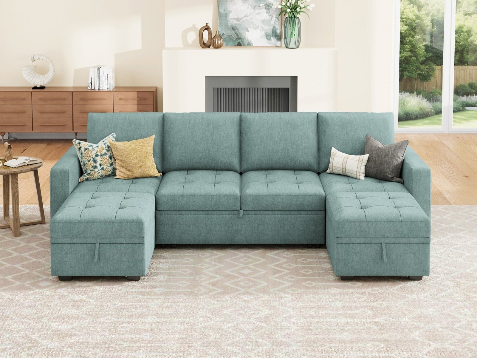 HONBAY Sleep Modular Sofa 6-Seat Sofa Bed with 4-Storage Space #Color_Aqua Blue