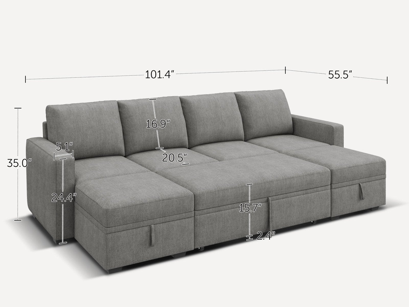 6-Piece Polyester Modular Sleeper Sectional With Storage Space With Dimensions #Color_Warm Grey