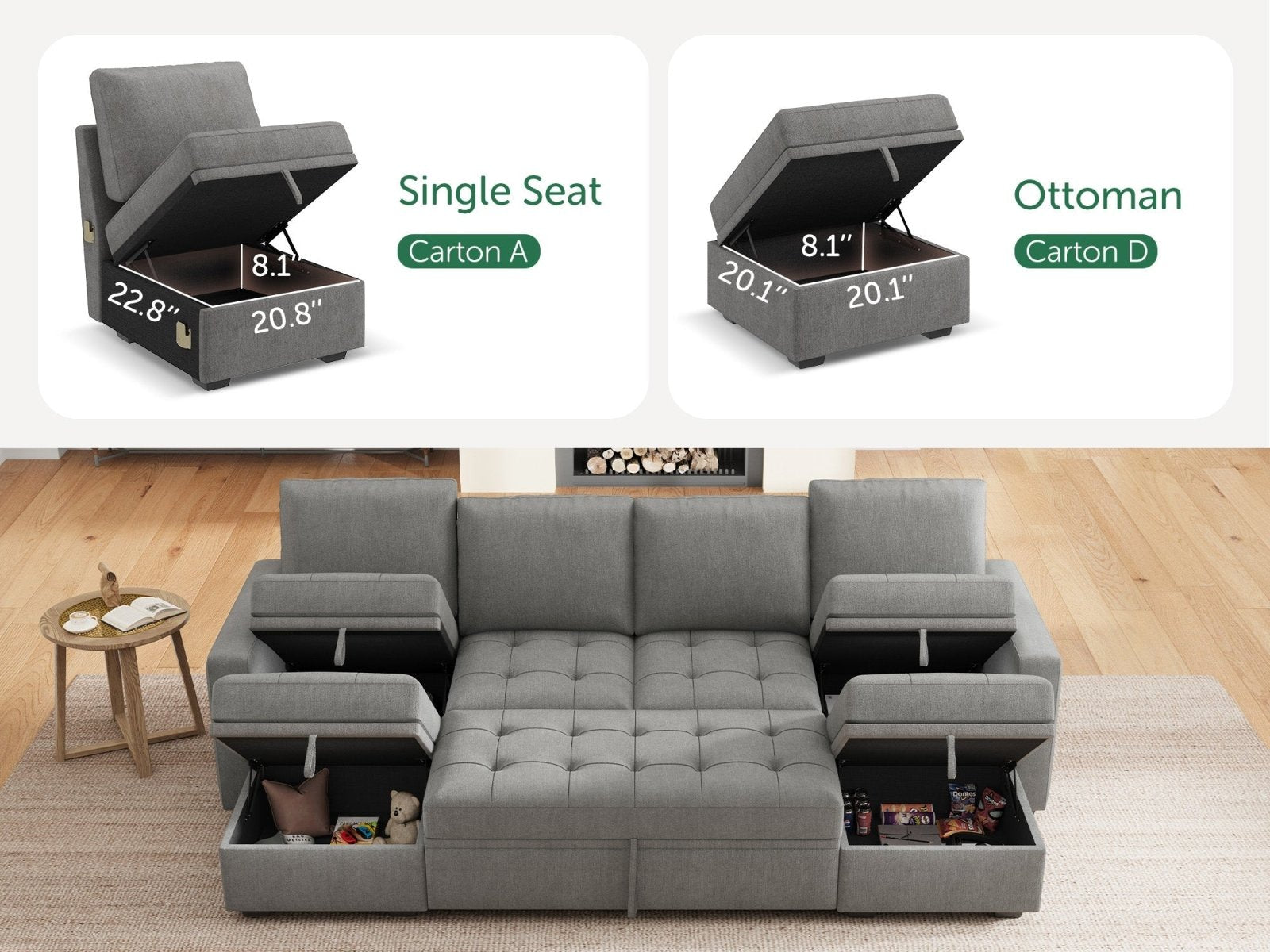 HONBAY Sleep Modular Sofa 6-Seat Sofa Bed with 4-Storage Space #Color_Warm Grey II