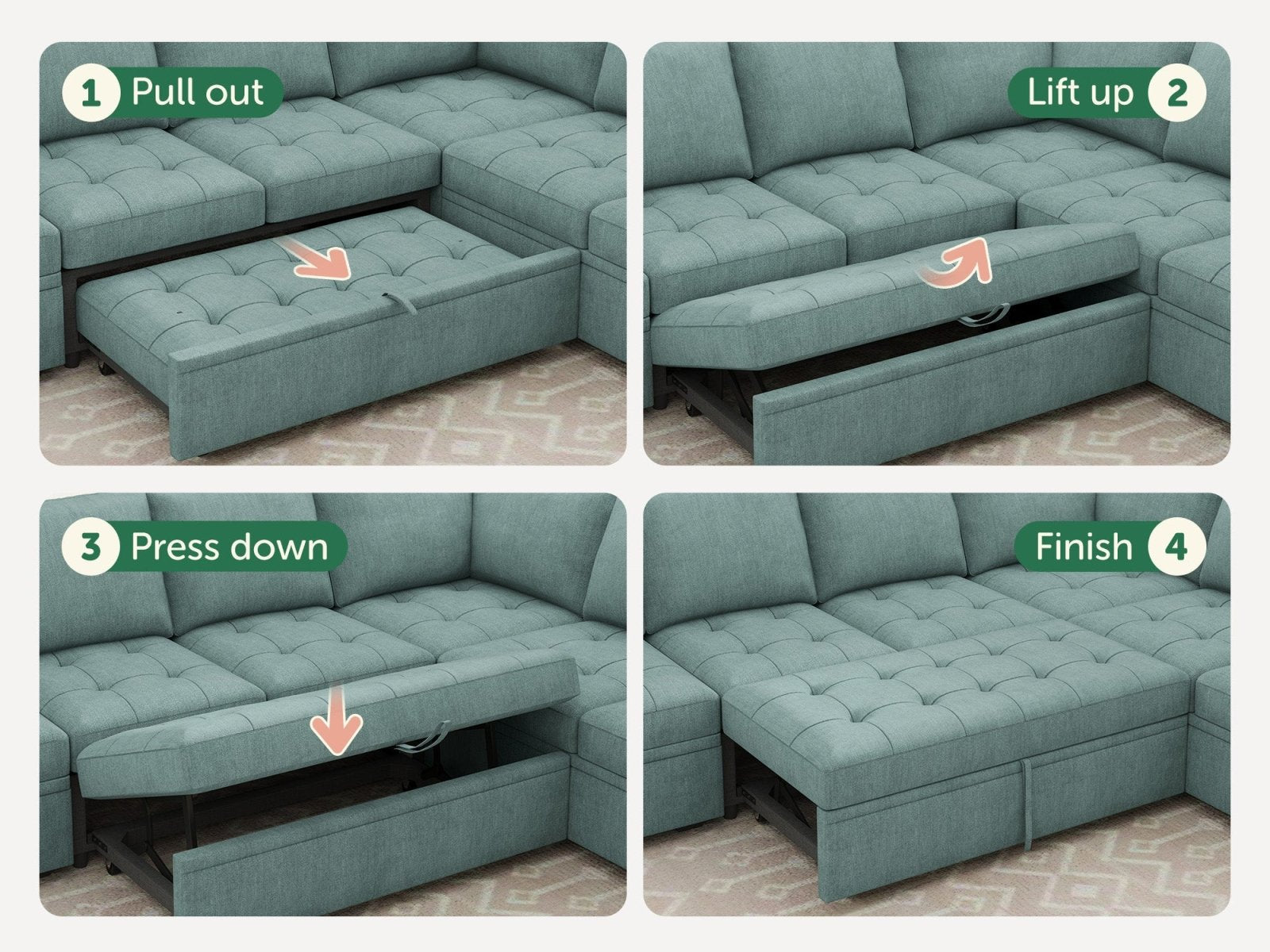 HONBAY Sleep Modular Sofa 6-Seat Sofa Bed with 4-Storage Space #Color_Aqua Blue