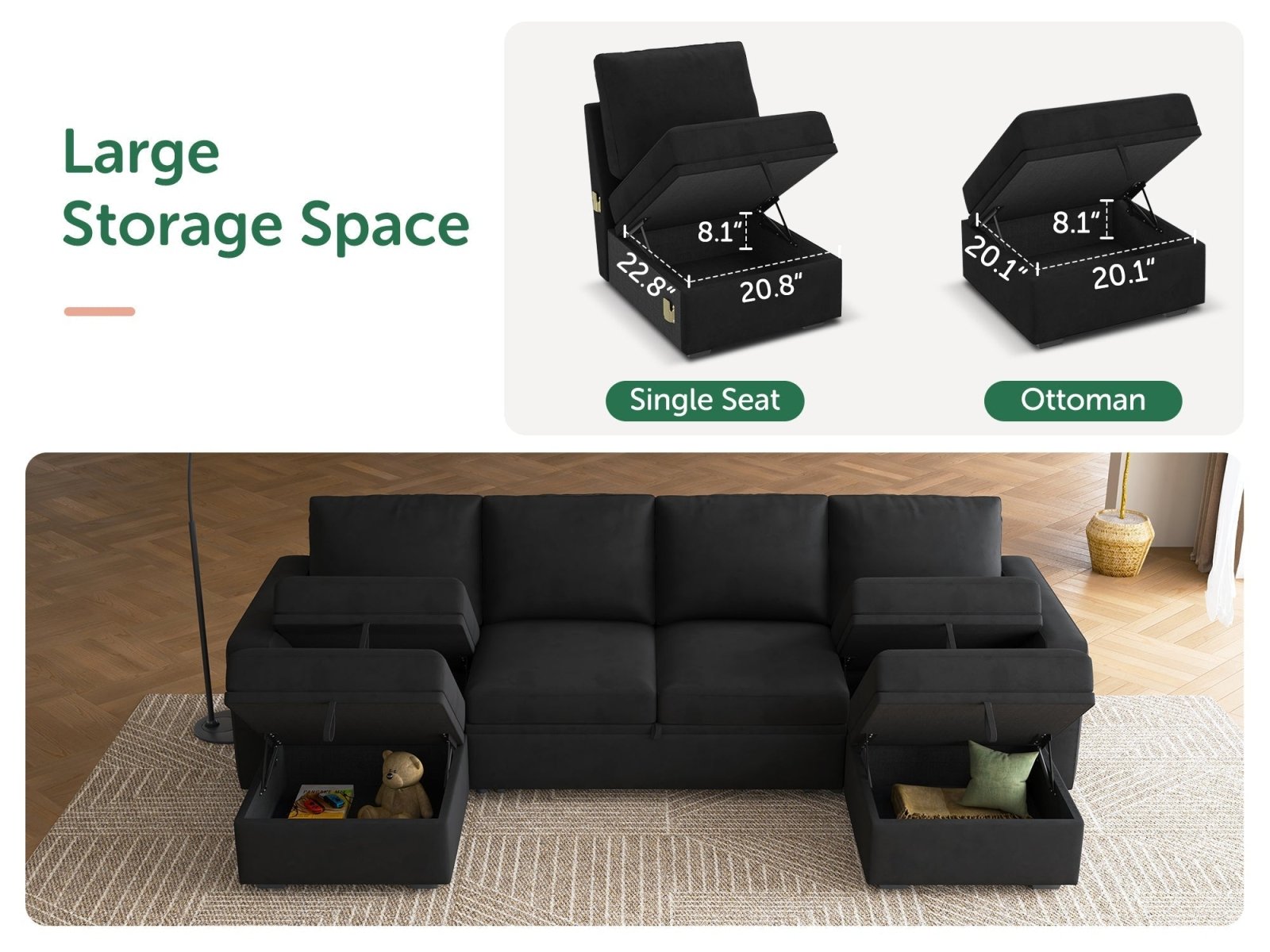 HONBAY Sleep Modular Sofa 6-Seat Sofa Bed with 4-Storage Space #Color_Black Style I