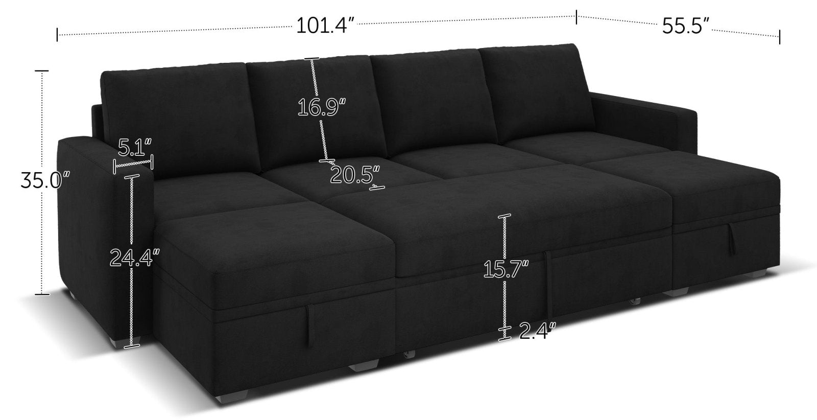 HONBAY Sleep Modular Sofa 6-Seat Sofa Bed with 4-Storage Space #Color_Black Style I
