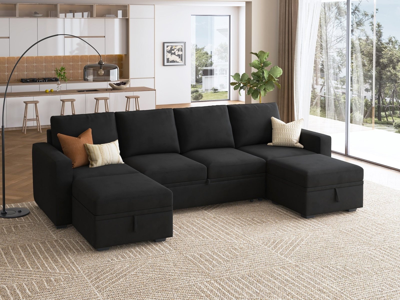 HONBAY Sleep Modular Sofa 6-Seat Sofa Bed with 4-Storage Space #Color_Black Style I
