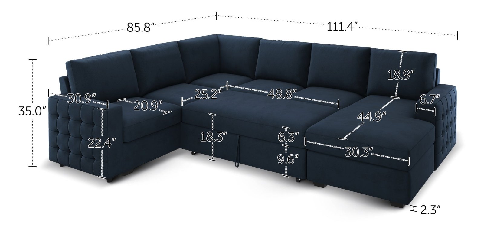 6-Piece Velvet Sleeper Sectional With Storage Space With Dimensions
#Color_Dark Blue