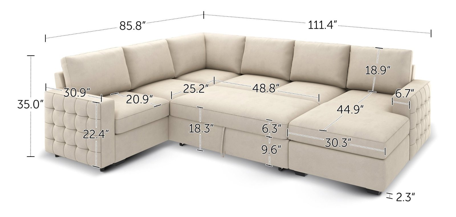 6-Piece Velvet Sleeper Sectional With Storage Space With Dimensions
#Color_Beige