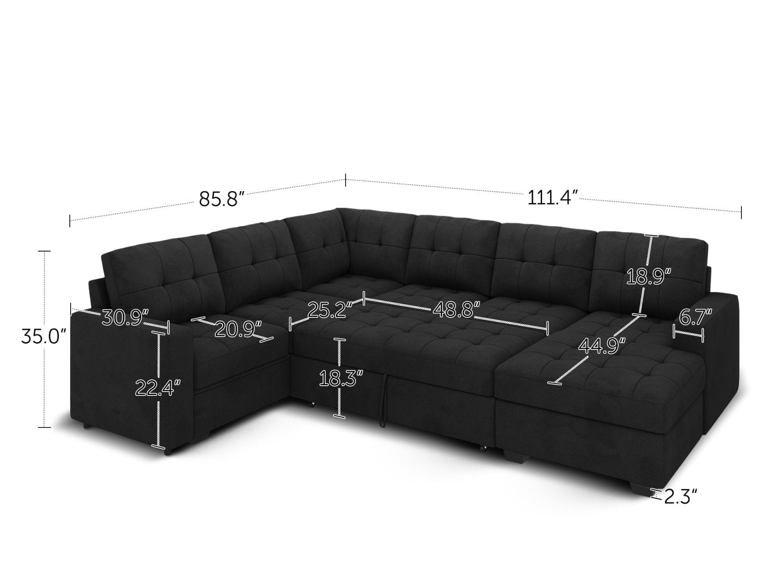 HONBAY 6-Piece Velvet Sleeper Sectional With Storage Space With Dimensions
#Color_Black Style II