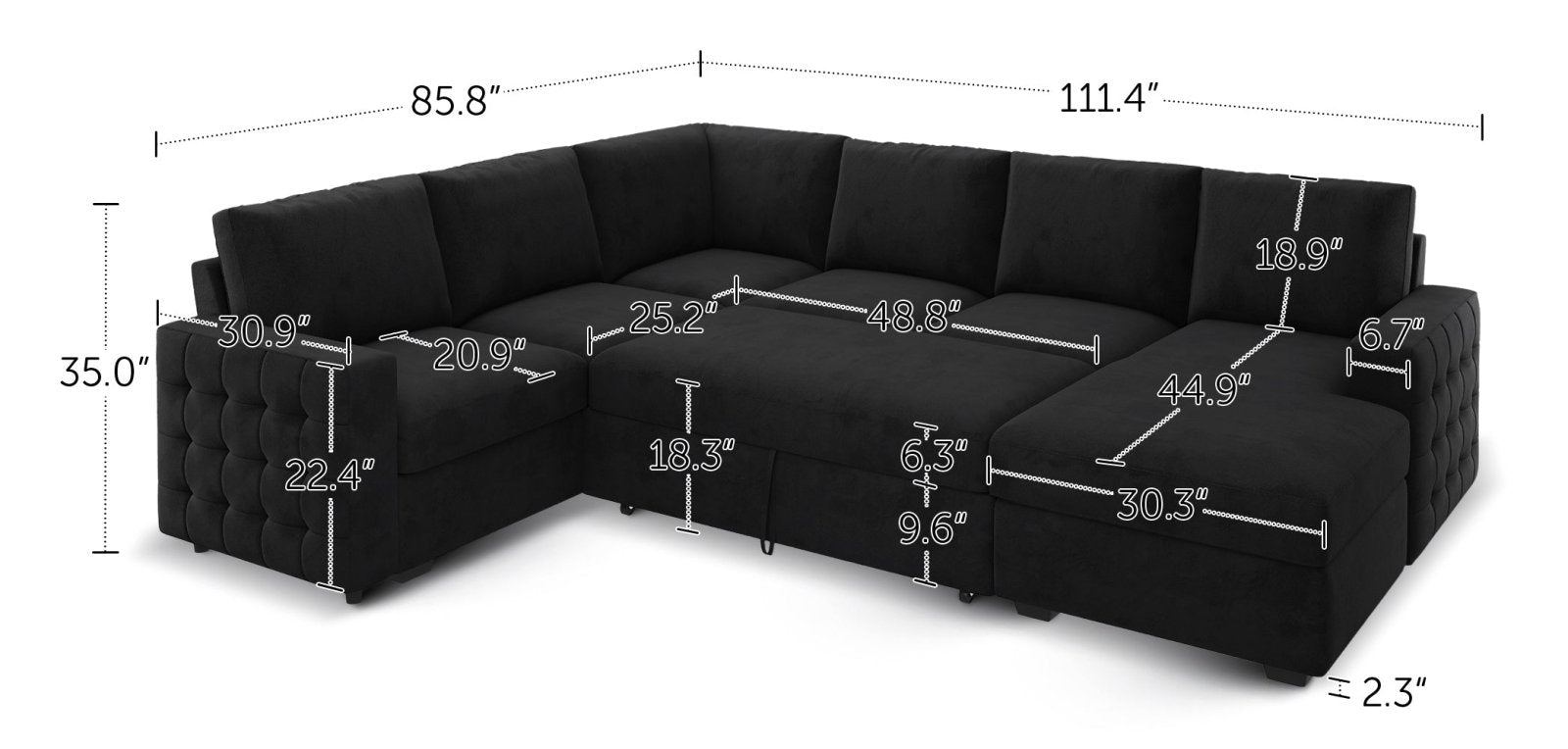 6-Piece Velvet Sleeper Sectional With Storage Space With Dimensions
#Color_Black Style I