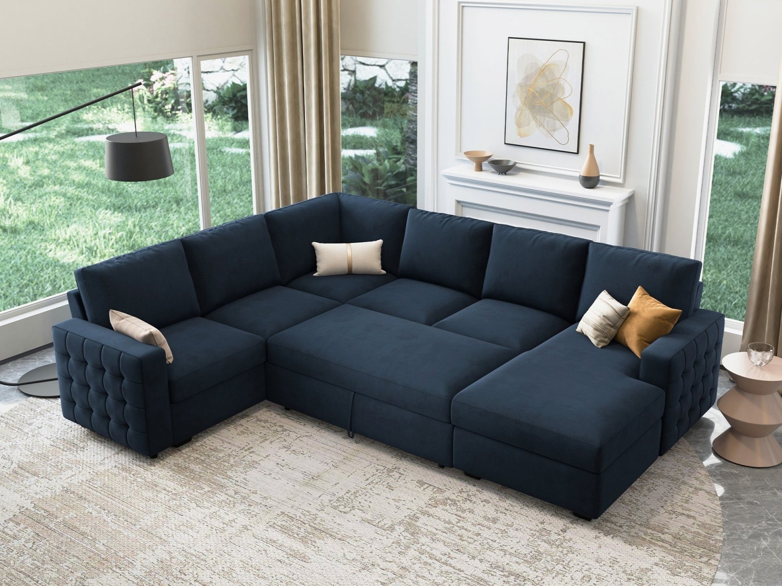HONBAY 6-Piece Velvet Sleeper Sectional With Storage Space #Color_Dark Blue
