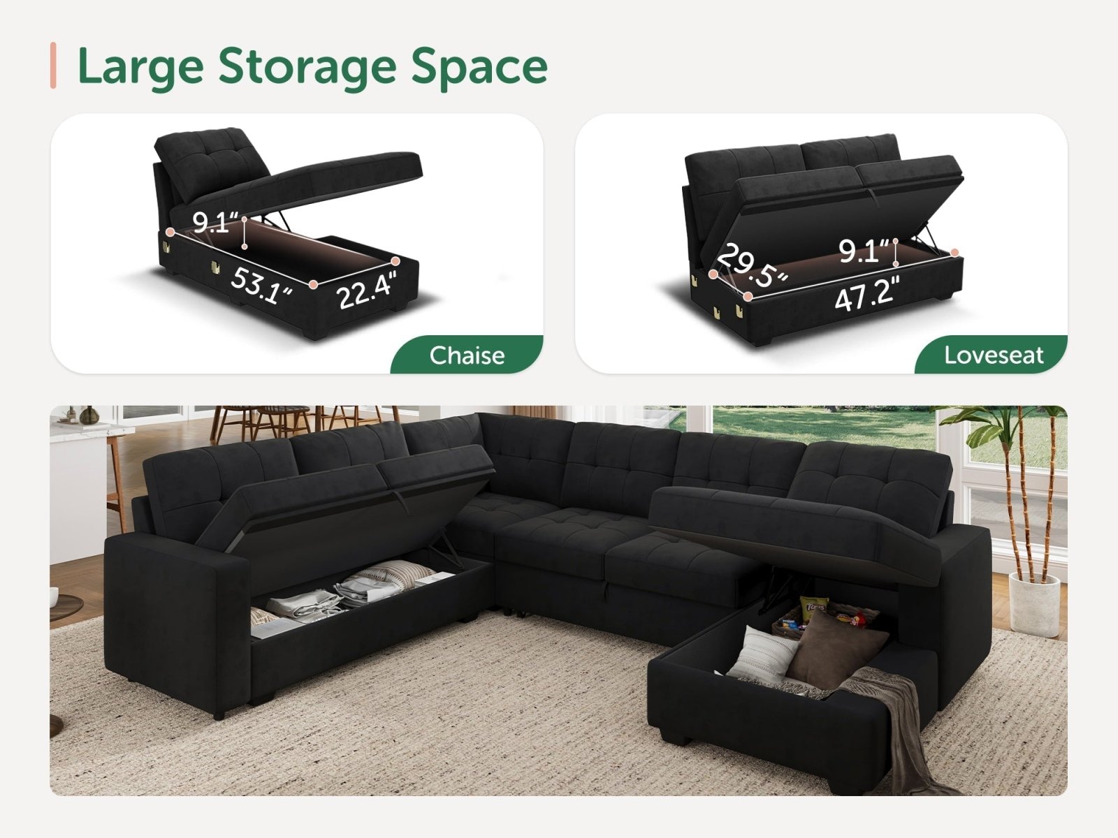 6-Piece Velvet Sleeper Sectional With Storage Space With Dimensions
#Color_Black Style II