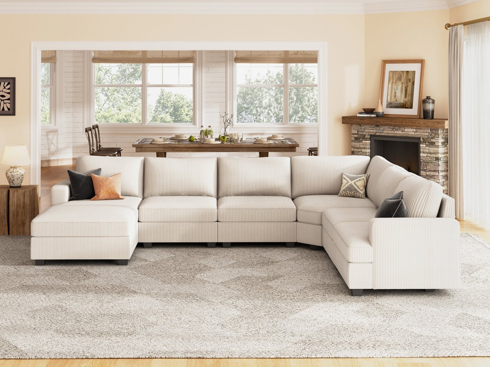 HONBAY 7-Piece Corduroy Modular Lindyn Sectional With Storage Ottoman #Color_Corduroy Beige
