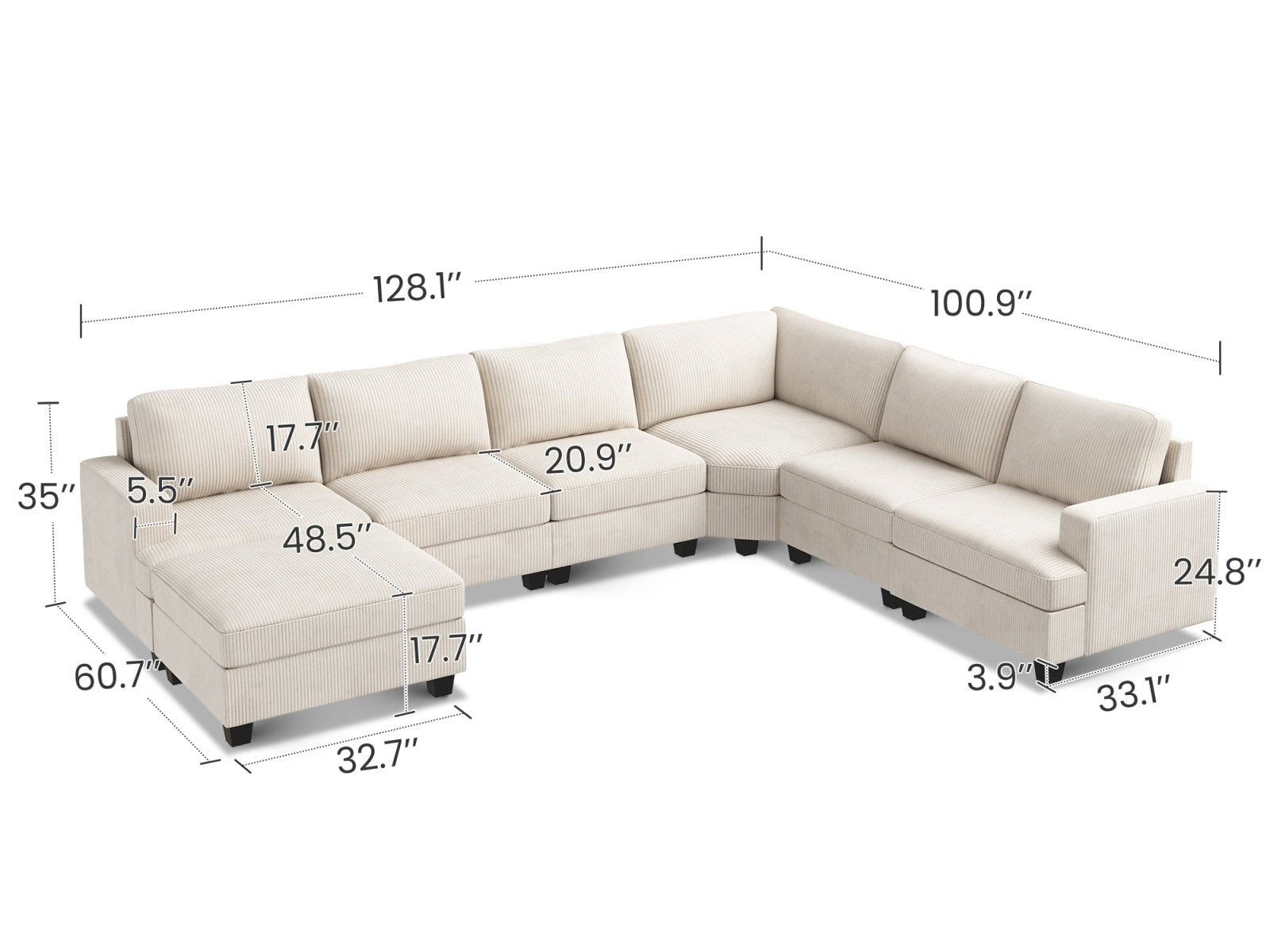 HONBAY 7-Piece Corduroy Modular Lindyn Sectional With Storage Ottoman #Color_Corduroy Beige