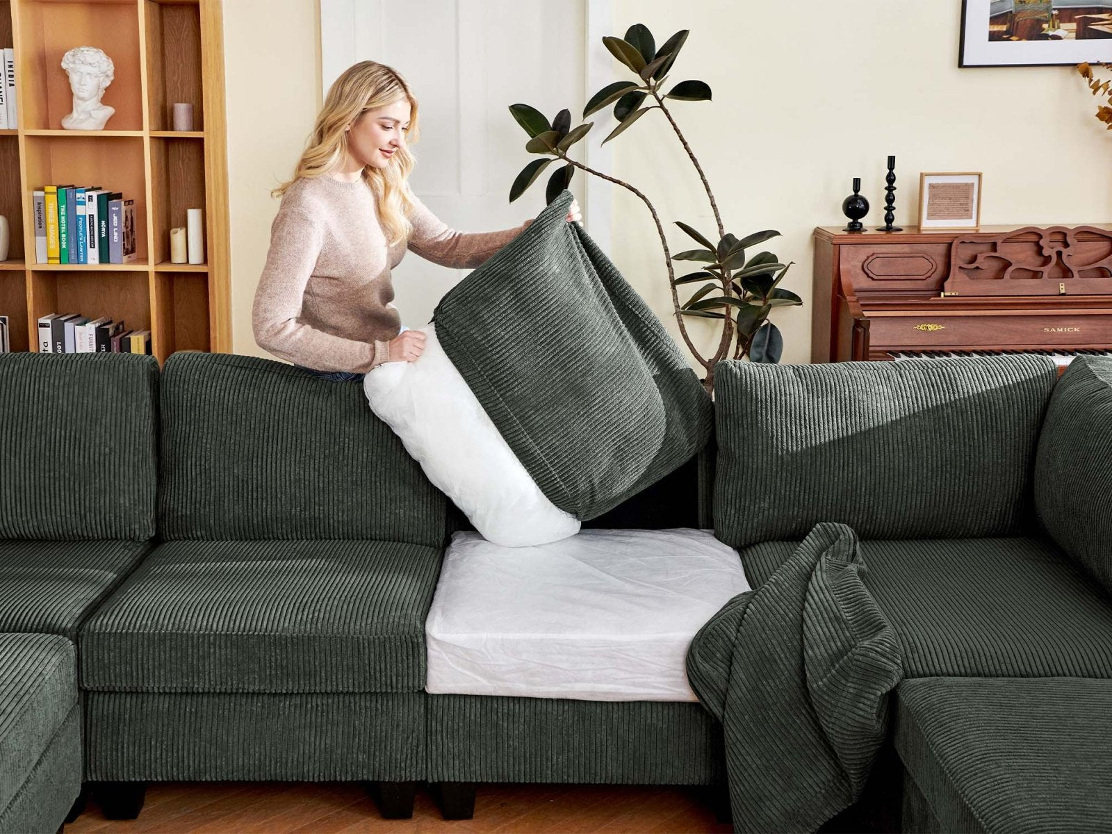 HONBAY 7-Piece Corduroy Modular Lindyn Sectional With Storage Ottoman #Color_Corduroy Green