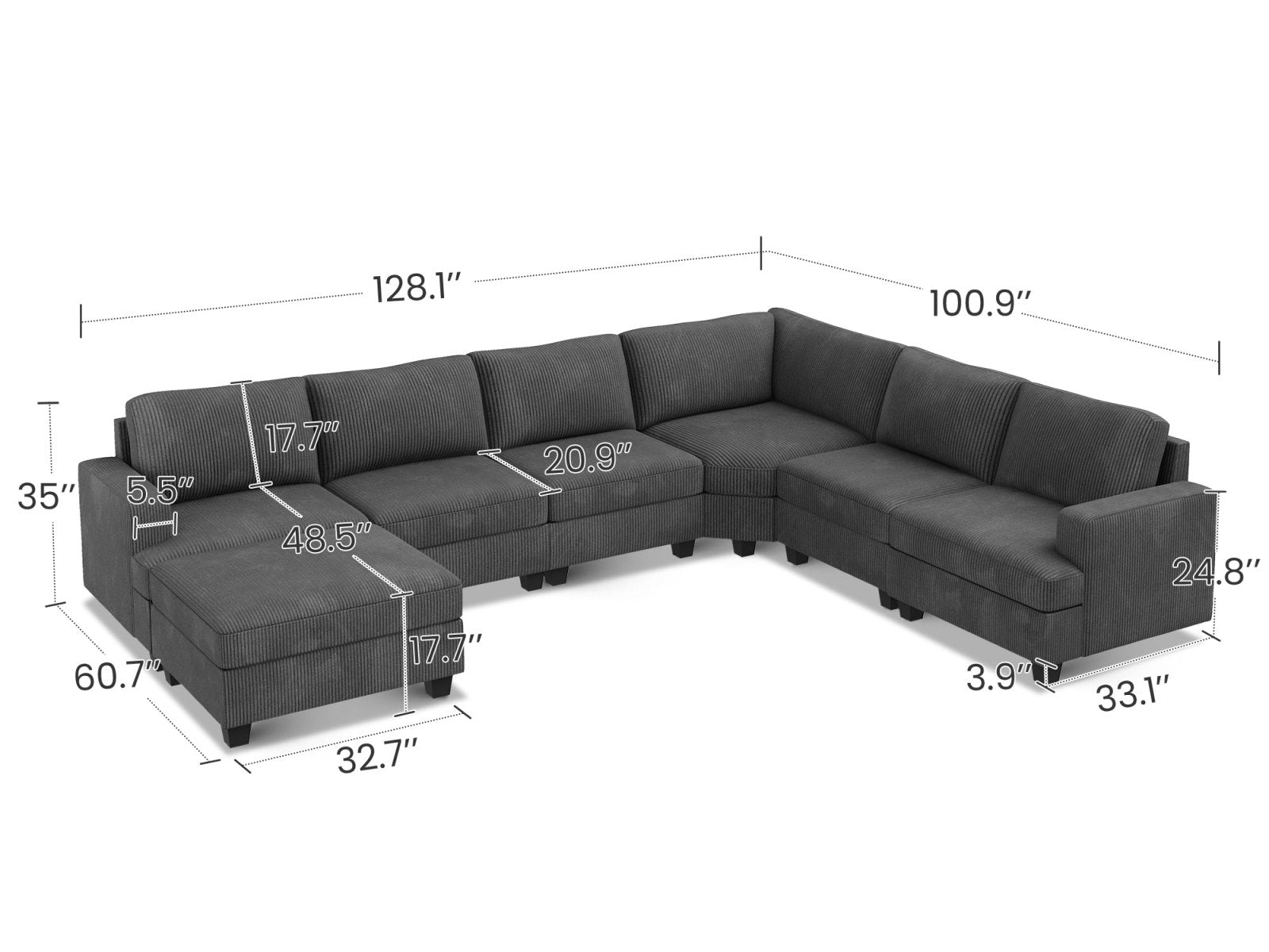 HONBAY 7-Piece Corduroy Modular Lindyn Sectional With Storage Ottoman #Color_Corduroy Grey