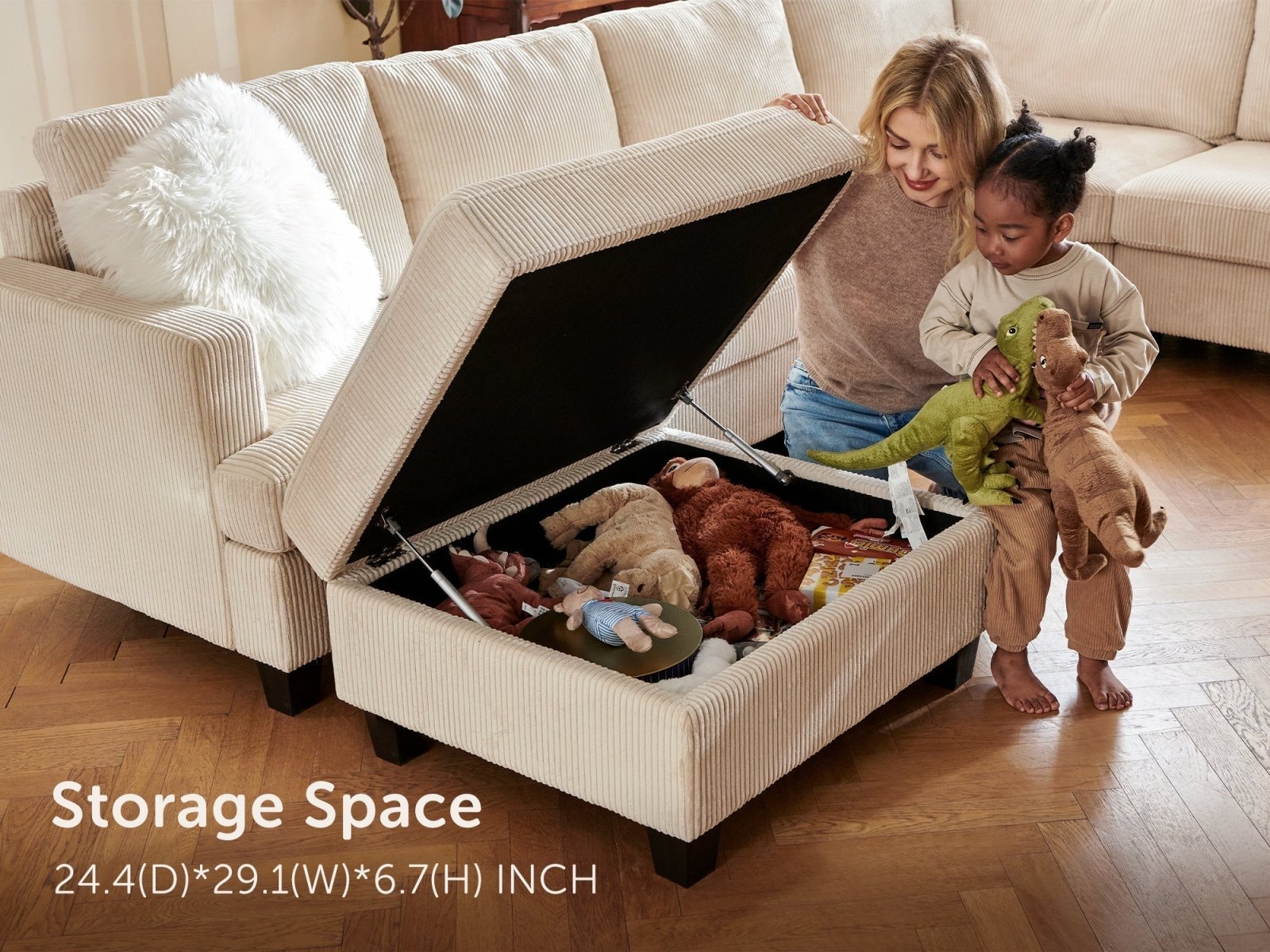 HONBAY 7-Piece Corduroy Modular Lindyn Sectional With Storage Ottoman #Color_Corduroy Beige