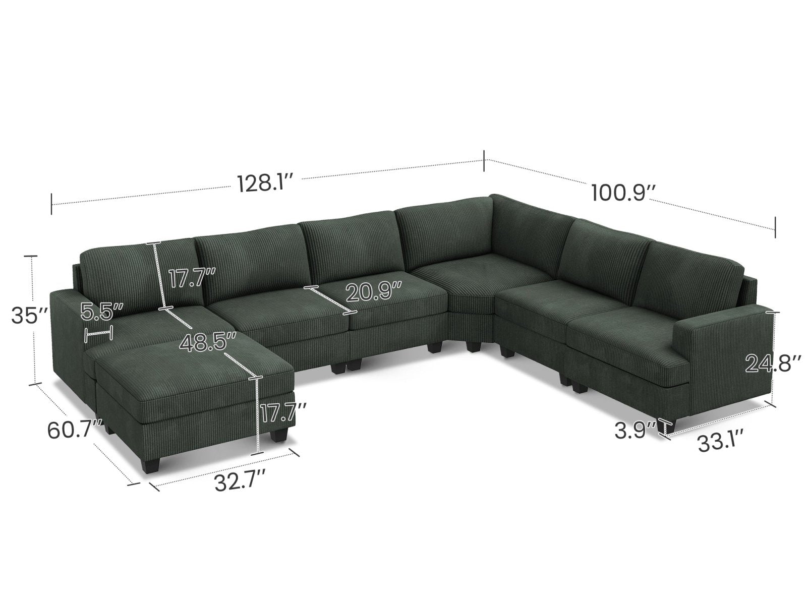 HONBAY 7-Piece Corduroy Modular Sectional With Storage Ottoman With Dimensions
#Color_Corduroy Green