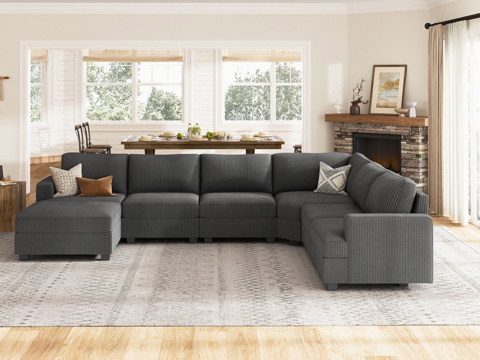 HONBAY 7-Piece Corduroy Modular Lindyn Sectional With Storage Ottoman #Color_Corduroy Grey